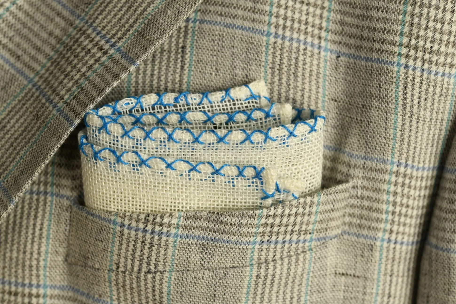 Light Blue X-Stitch Edge White Linen Pocket Square