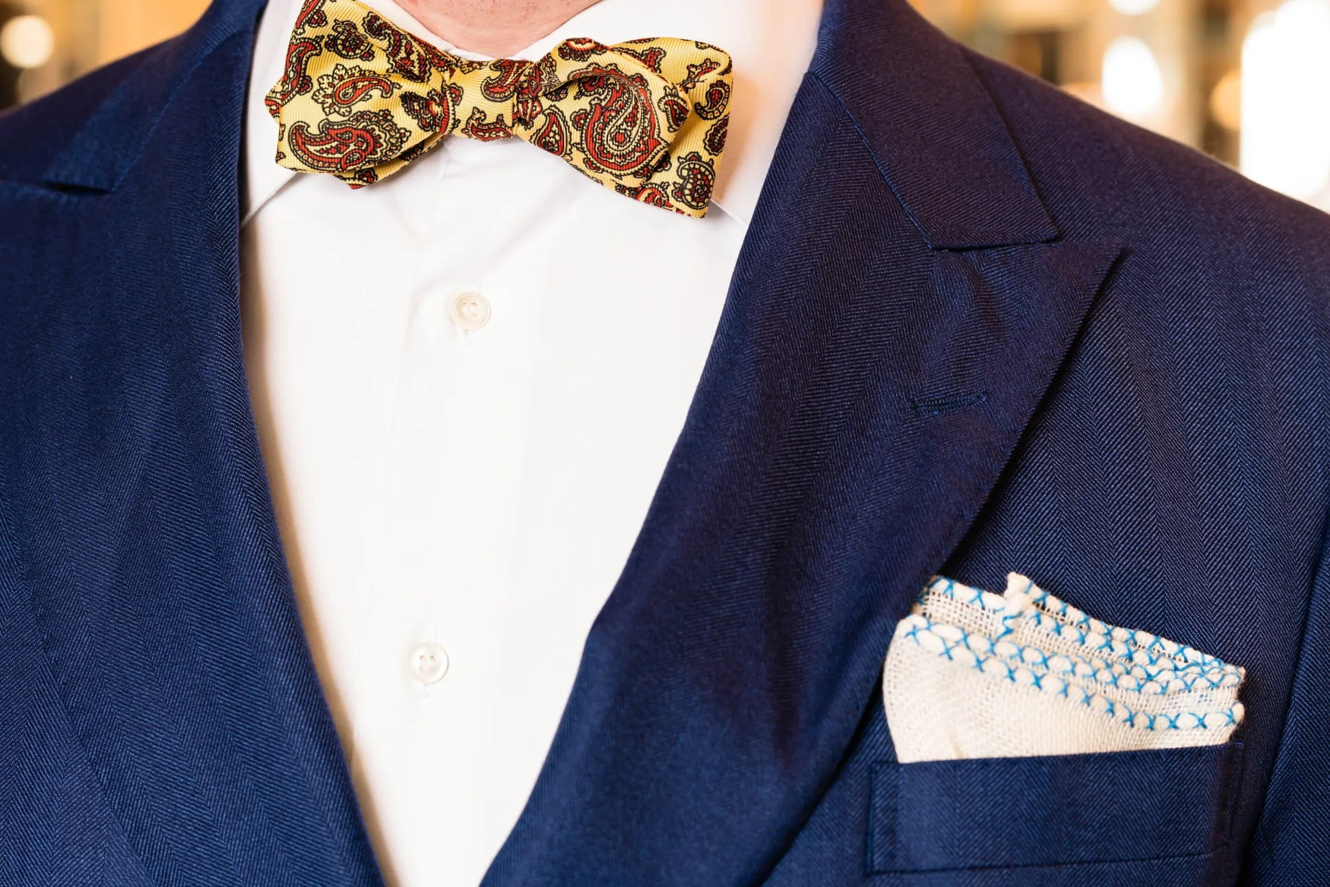 Light Blue X-Stitch Edge White Linen Pocket Square
