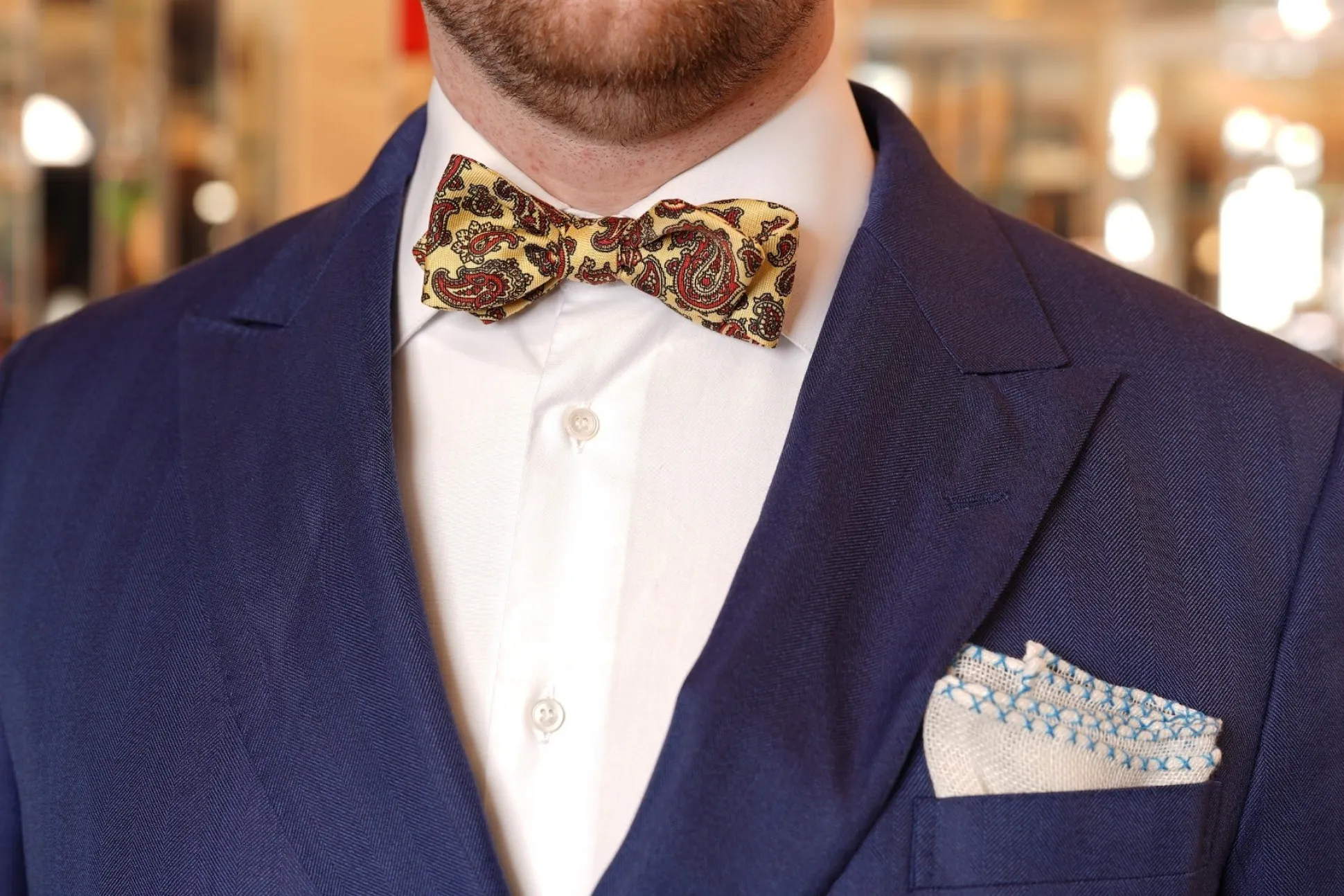 Light Blue X-Stitch Edge White Linen Pocket Square