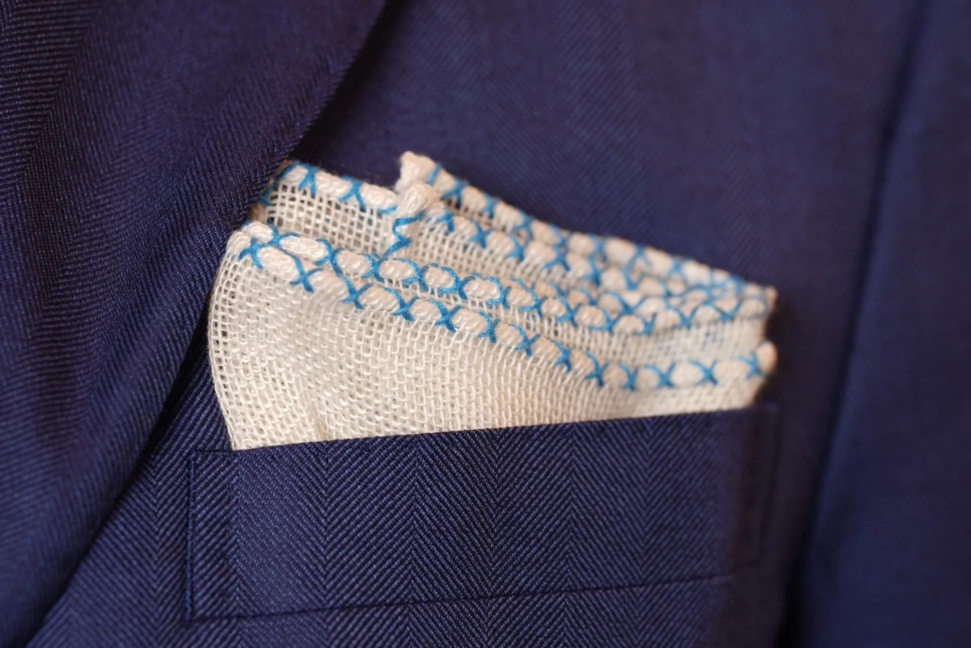 Light Blue X-Stitch Edge White Linen Pocket Square