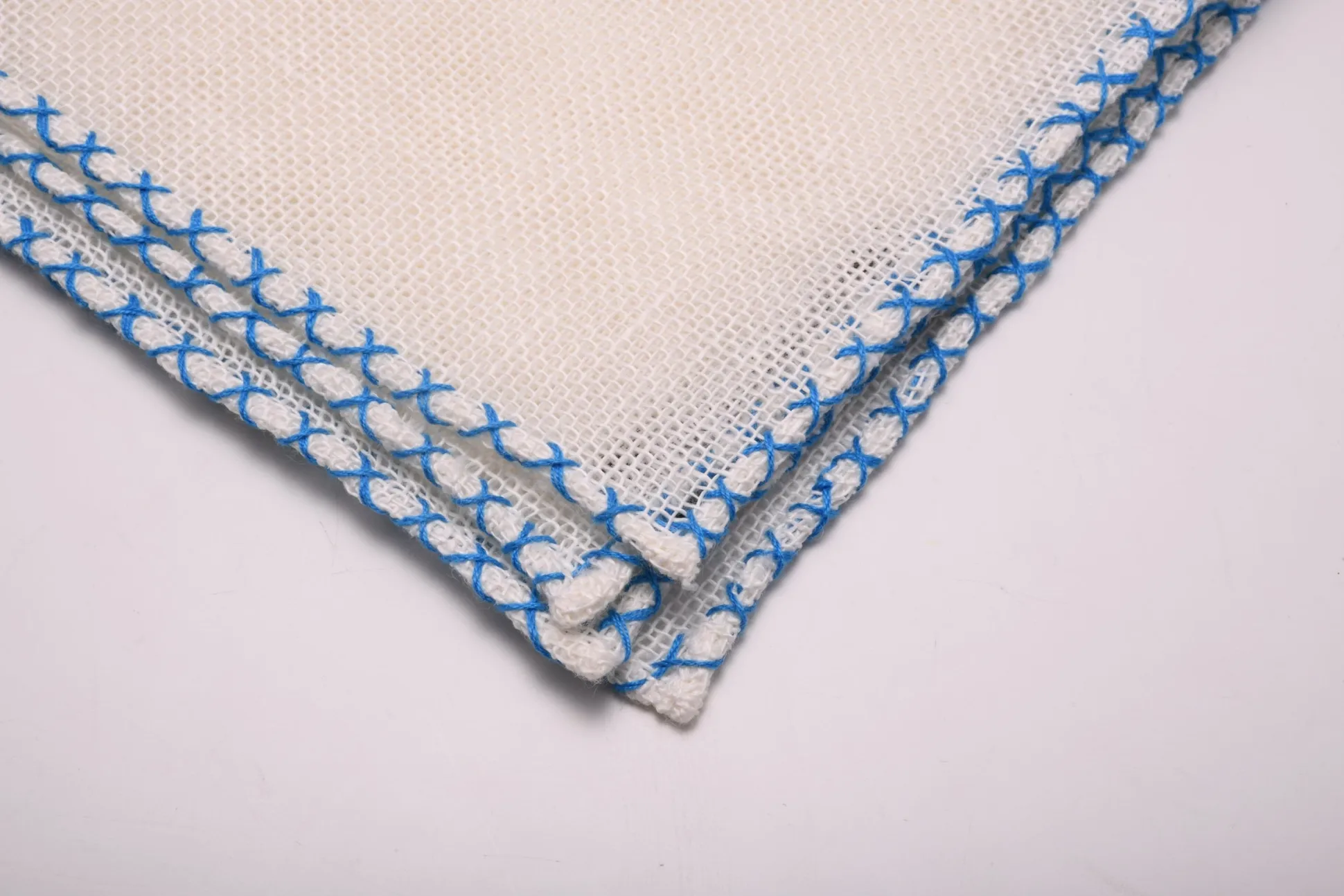 Light Blue X-Stitch Edge White Linen Pocket Square