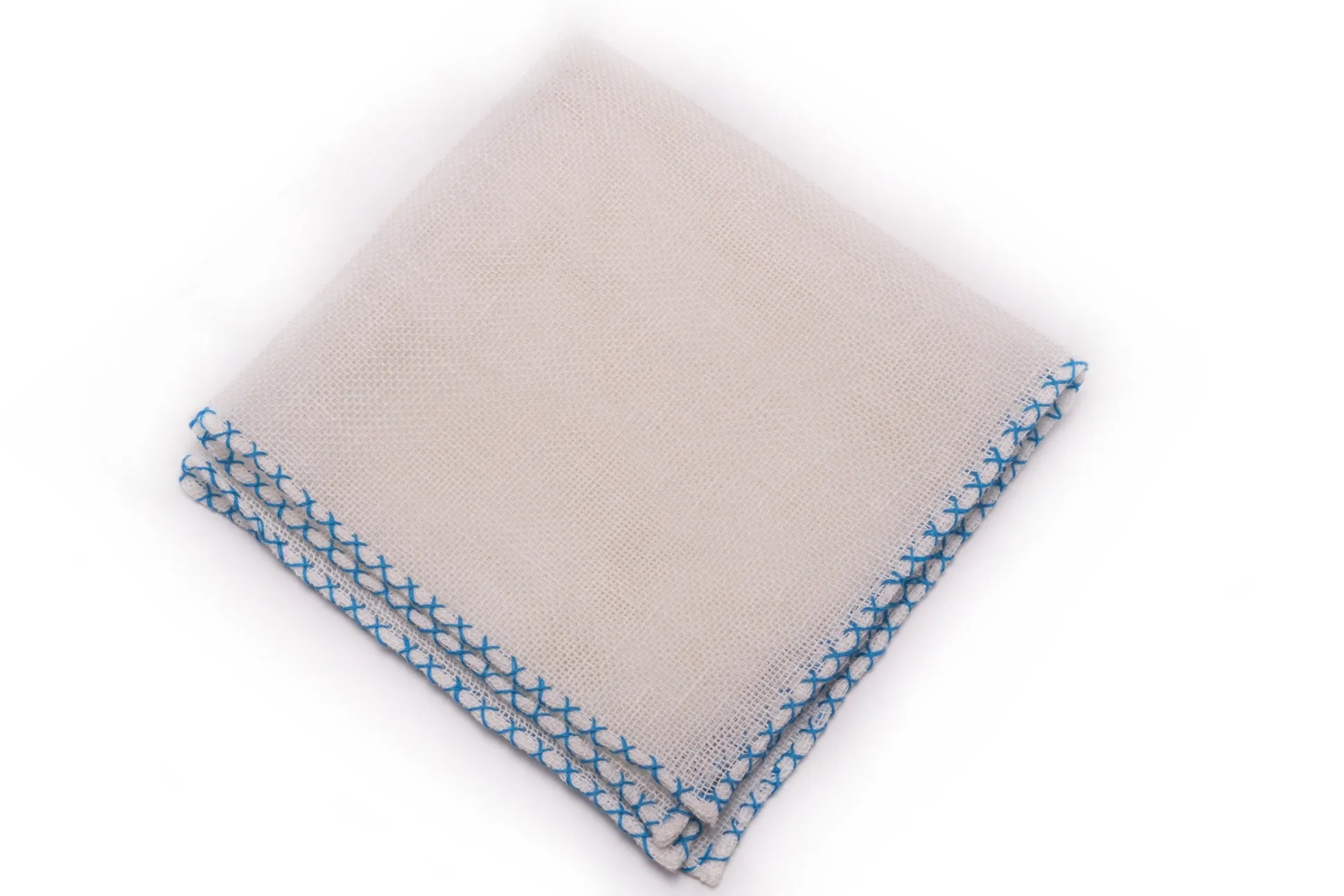 Light Blue X-Stitch Edge White Linen Pocket Square