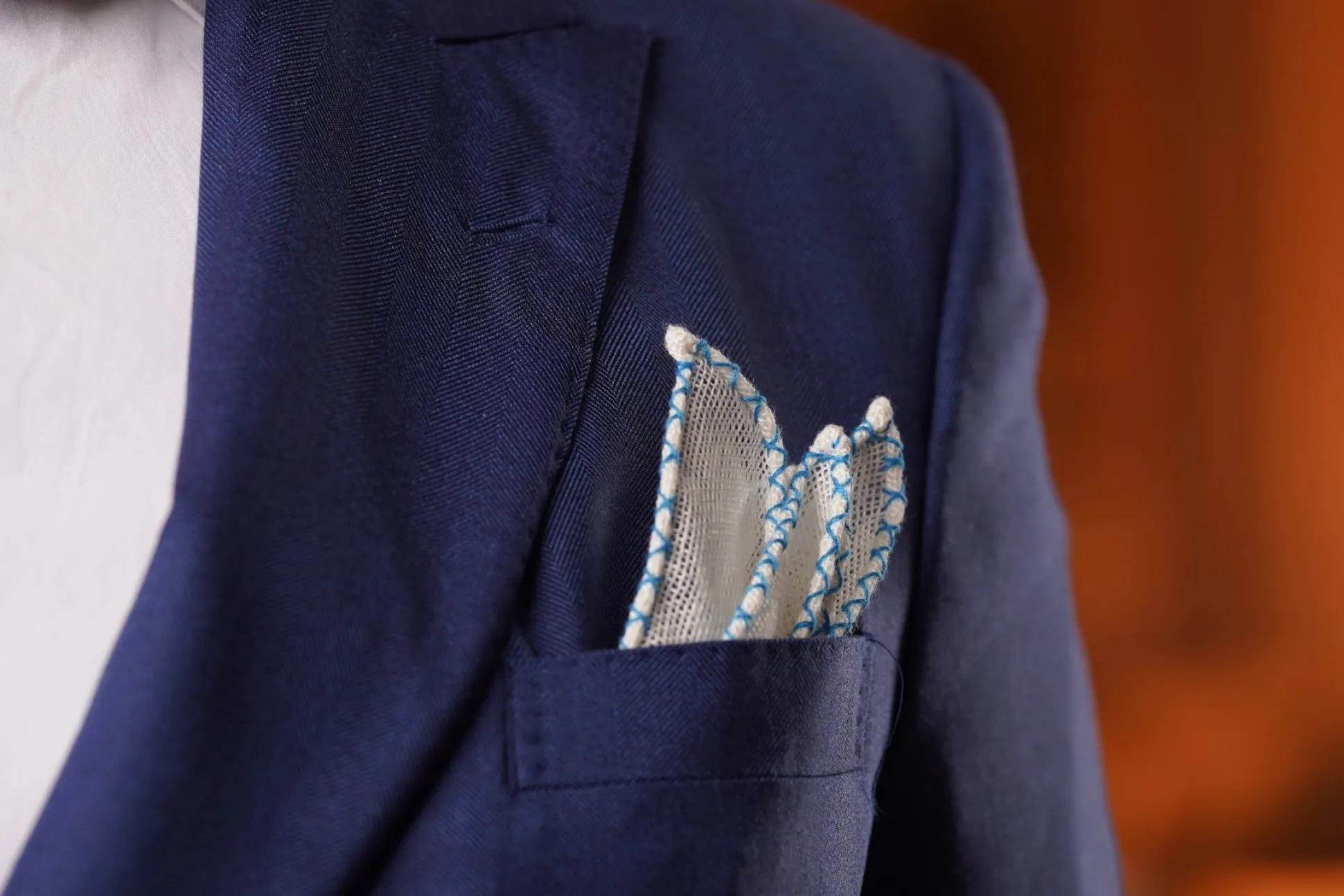 Light Blue X-Stitch Edge White Linen Pocket Square