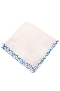 Light Blue X-Stitch Edge White Linen Pocket Square