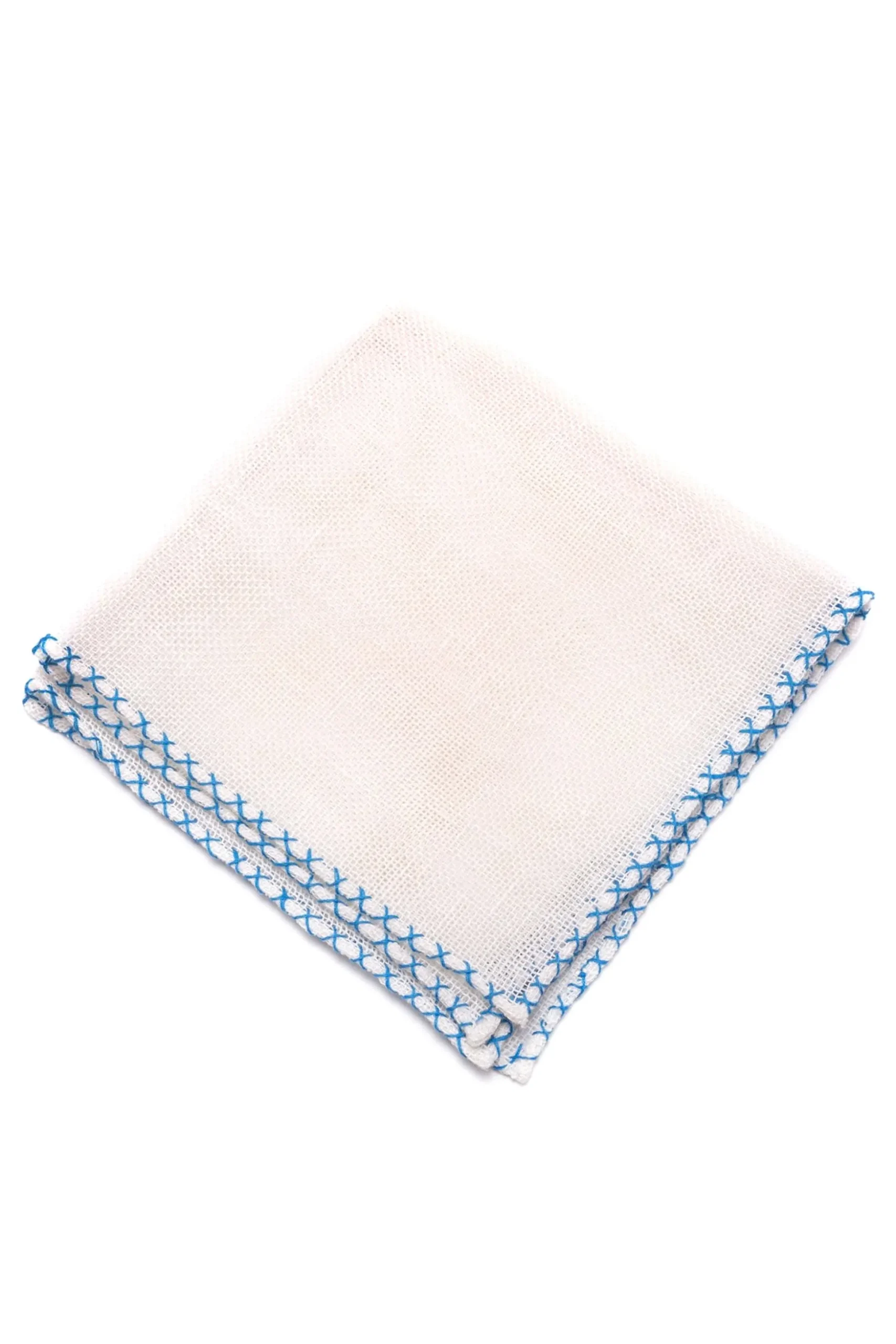 Light Blue X-Stitch Edge White Linen Pocket Square