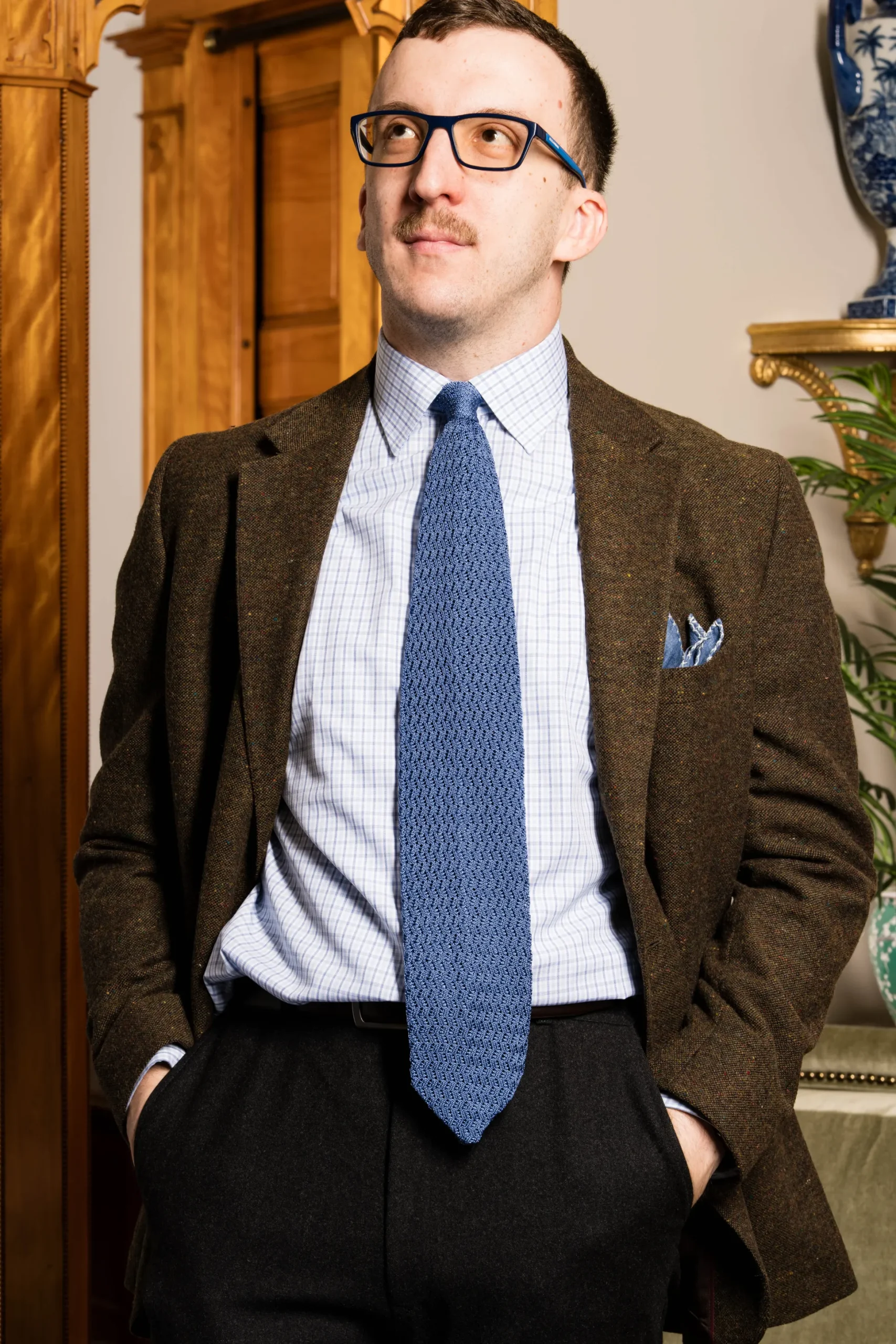 Light Blue Zigzag Silk Knit Tie