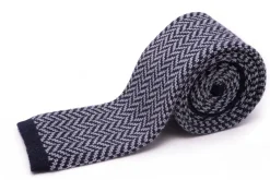 Light Gray & Navy Herringbone Wool Knit Tie