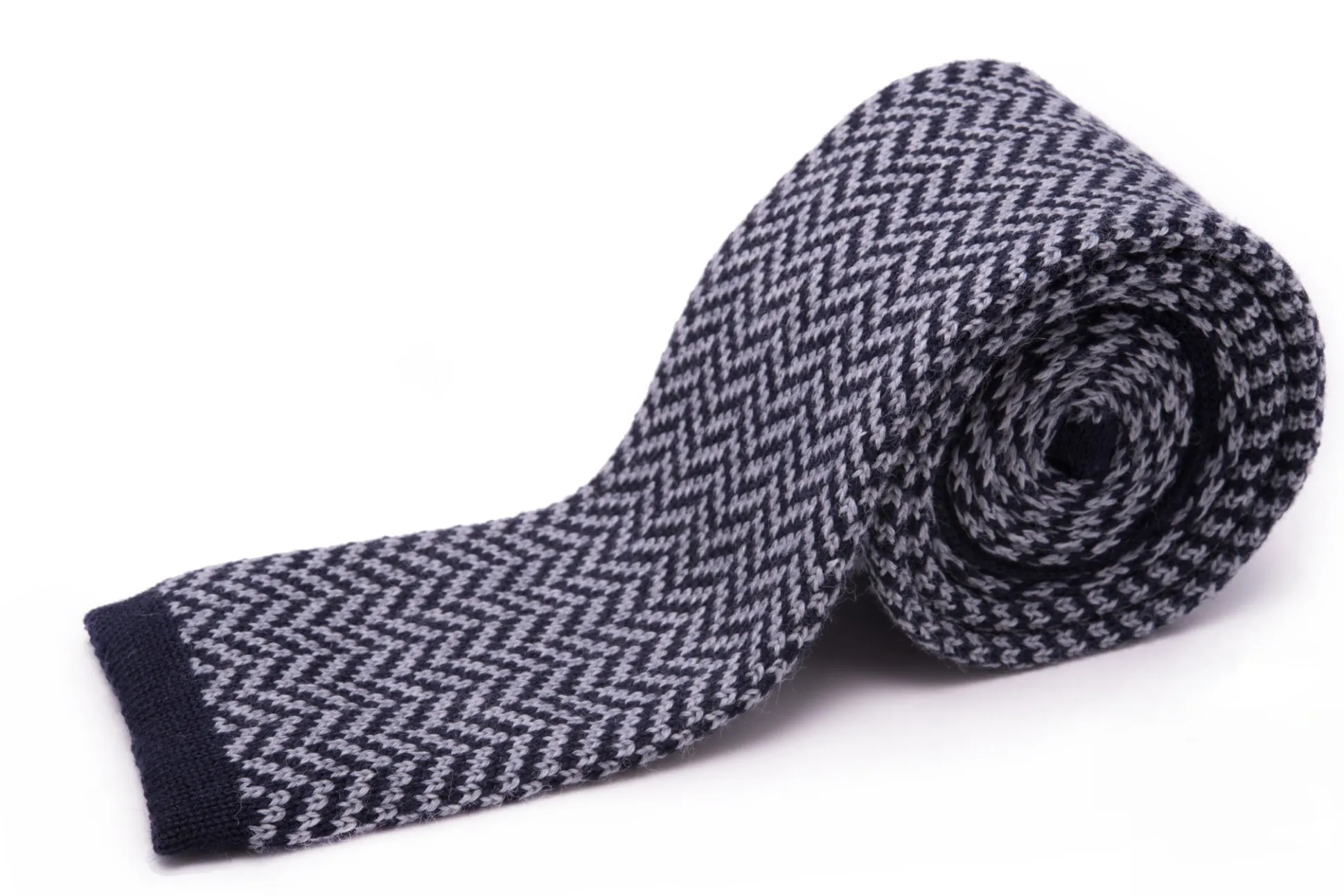 Light Gray & Navy Herringbone Wool Knit Tie