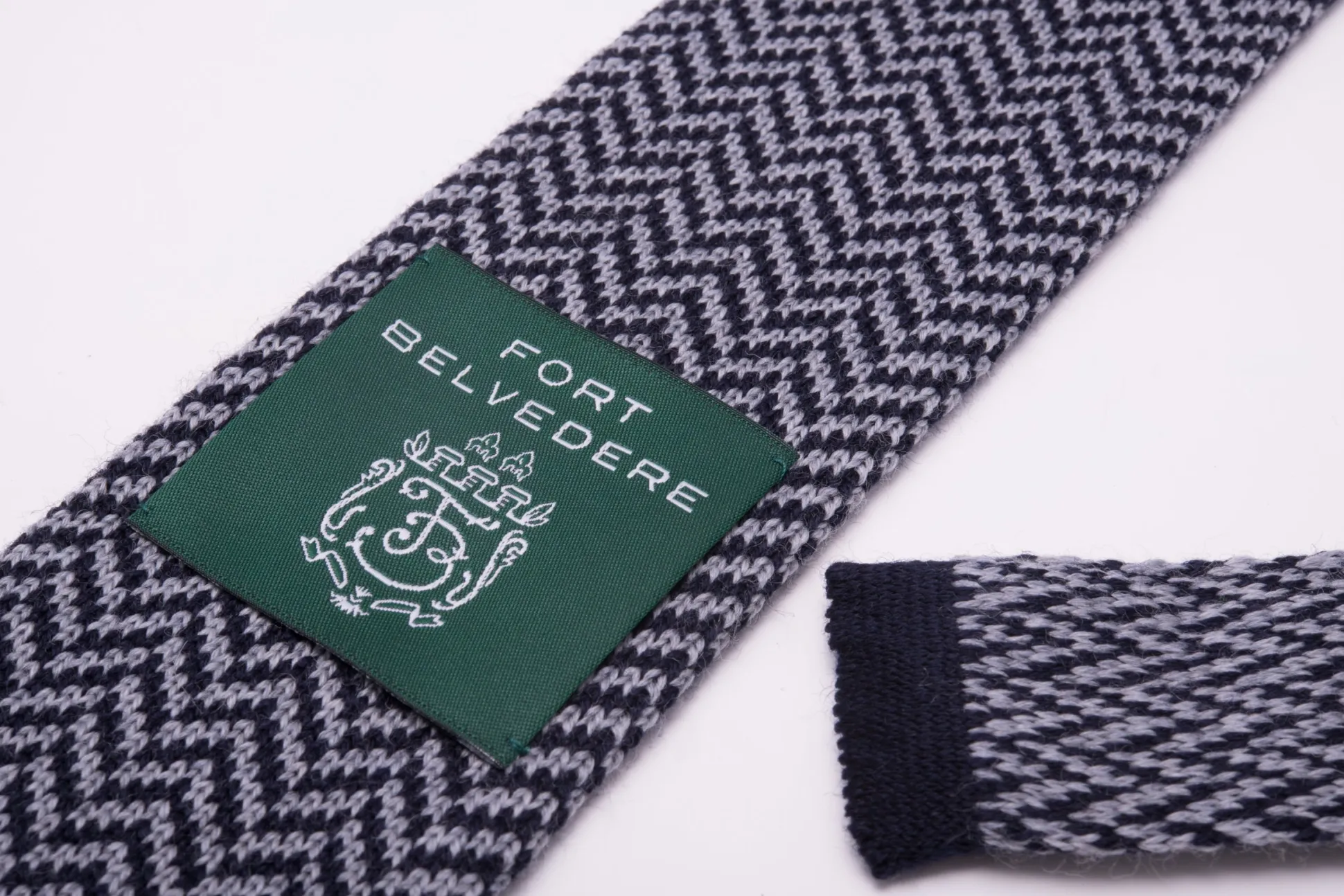 Light Gray & Navy Herringbone Wool Knit Tie