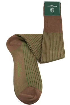 Mid Brown & Green Shadow Stripe Lightweight Cotton Socks