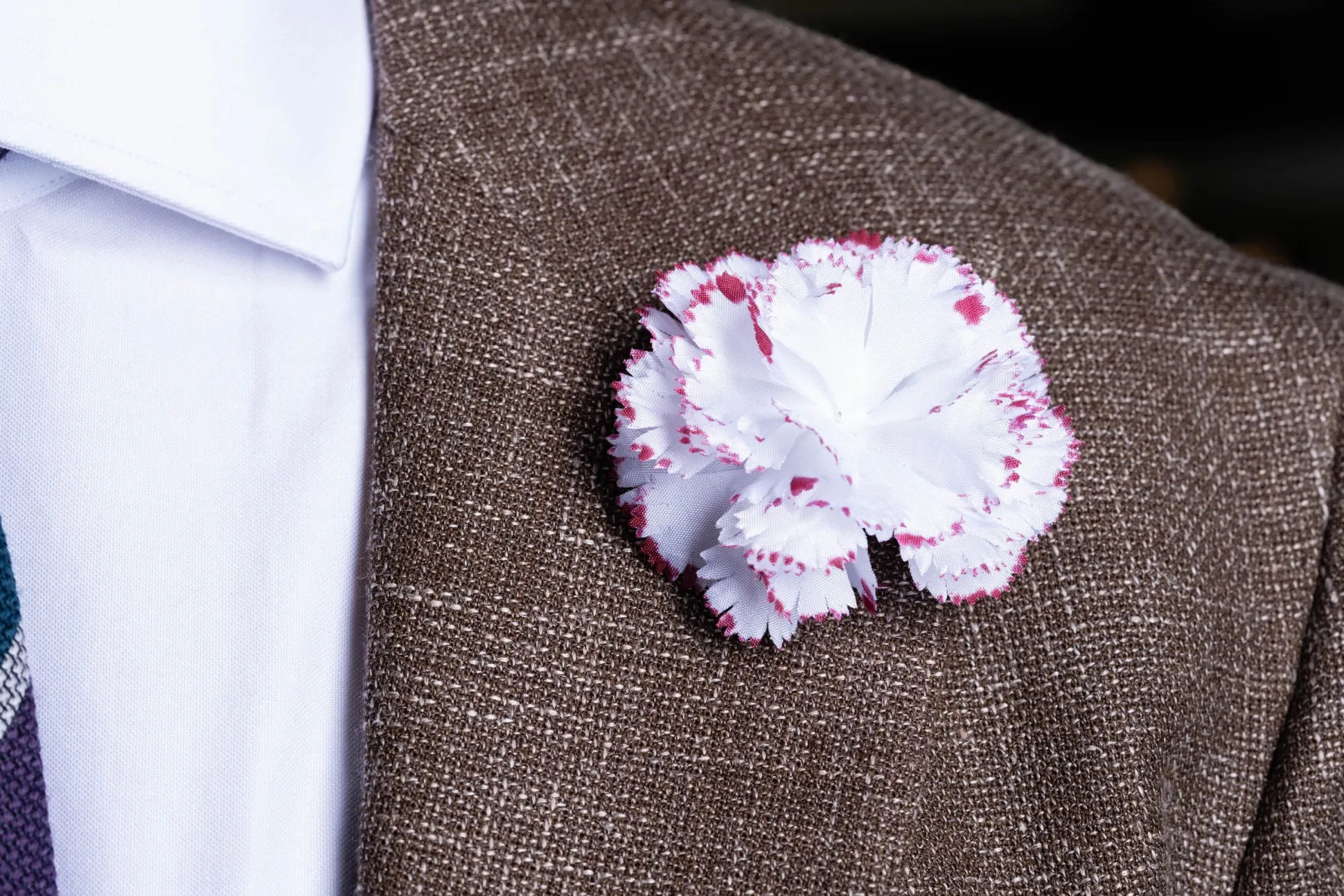 Mini Magenta-Edged White Carnation Boutonnière