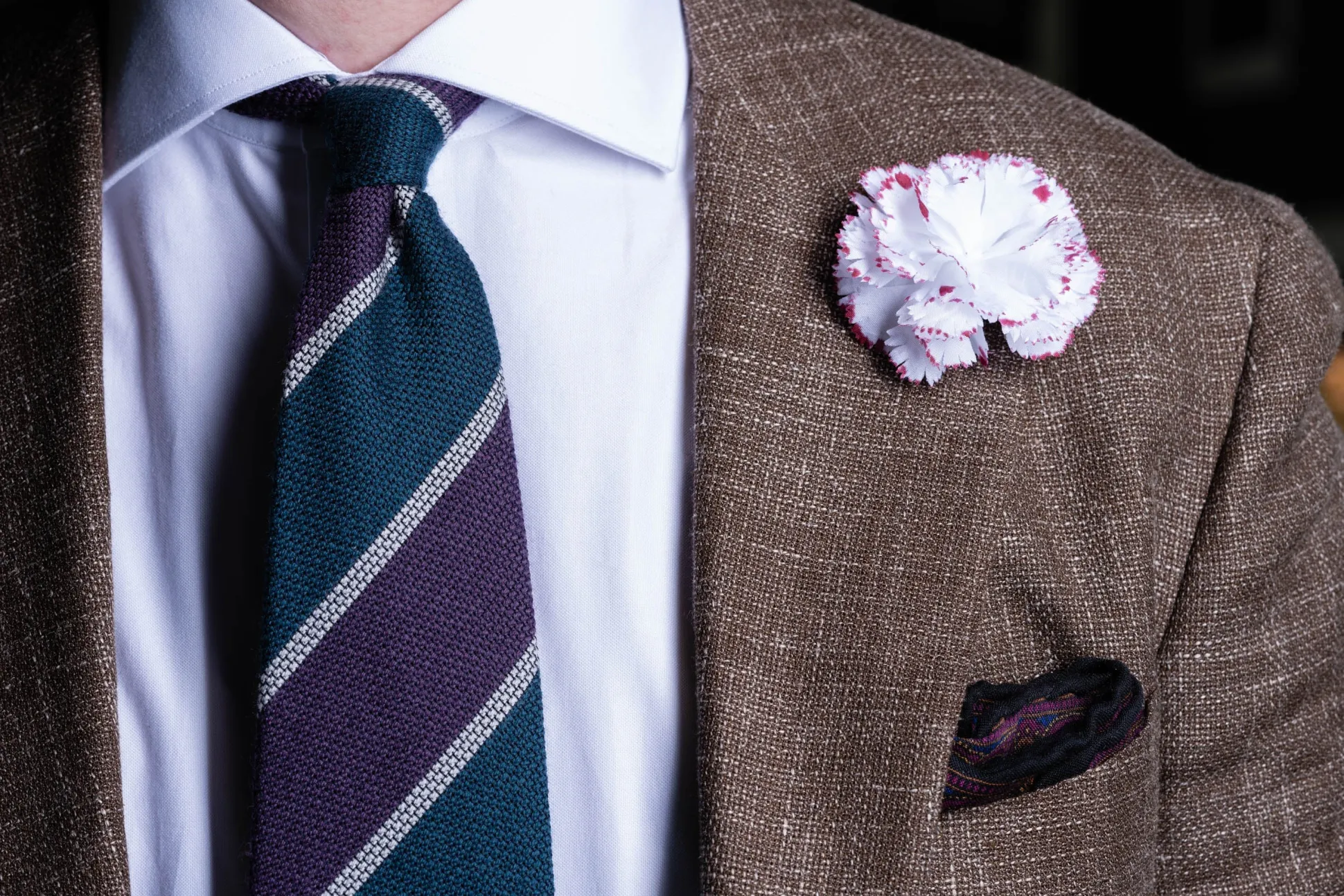 Mini Magenta-Edged White Carnation Boutonnière