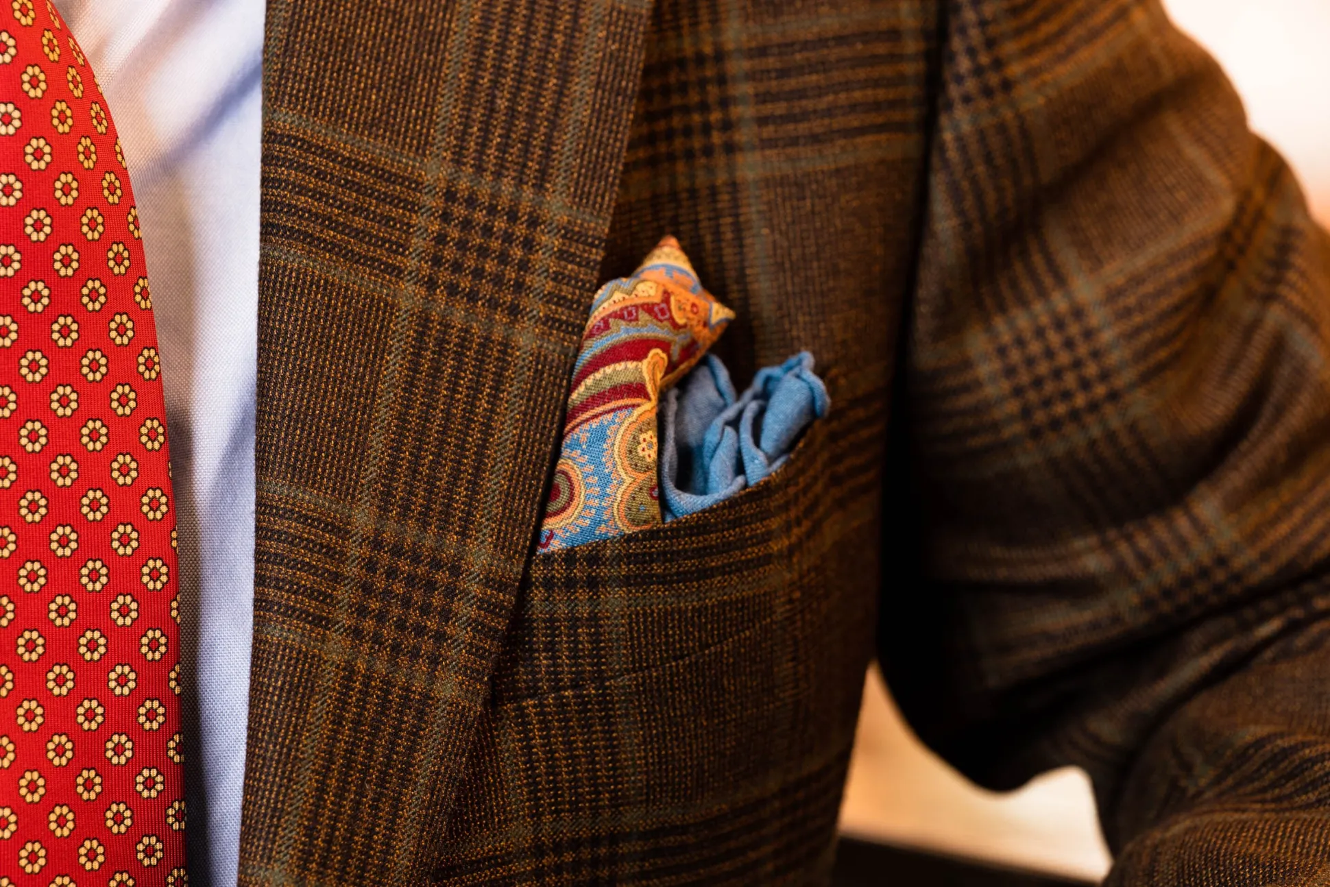Mohair Blue Medallion Silk Wool Pocket Square