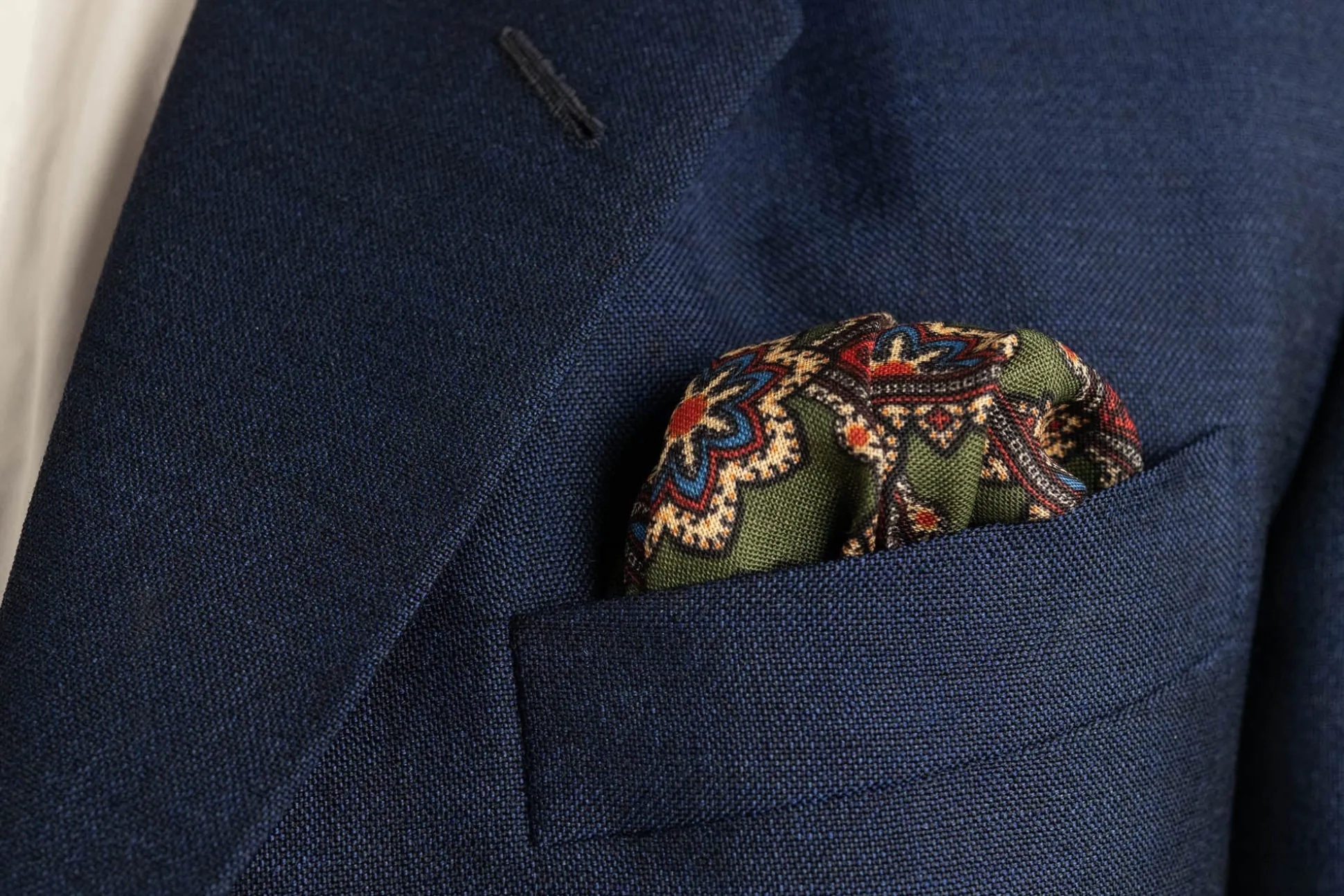 Moss Green Geometric Medallion Silk Wool Pocket Square