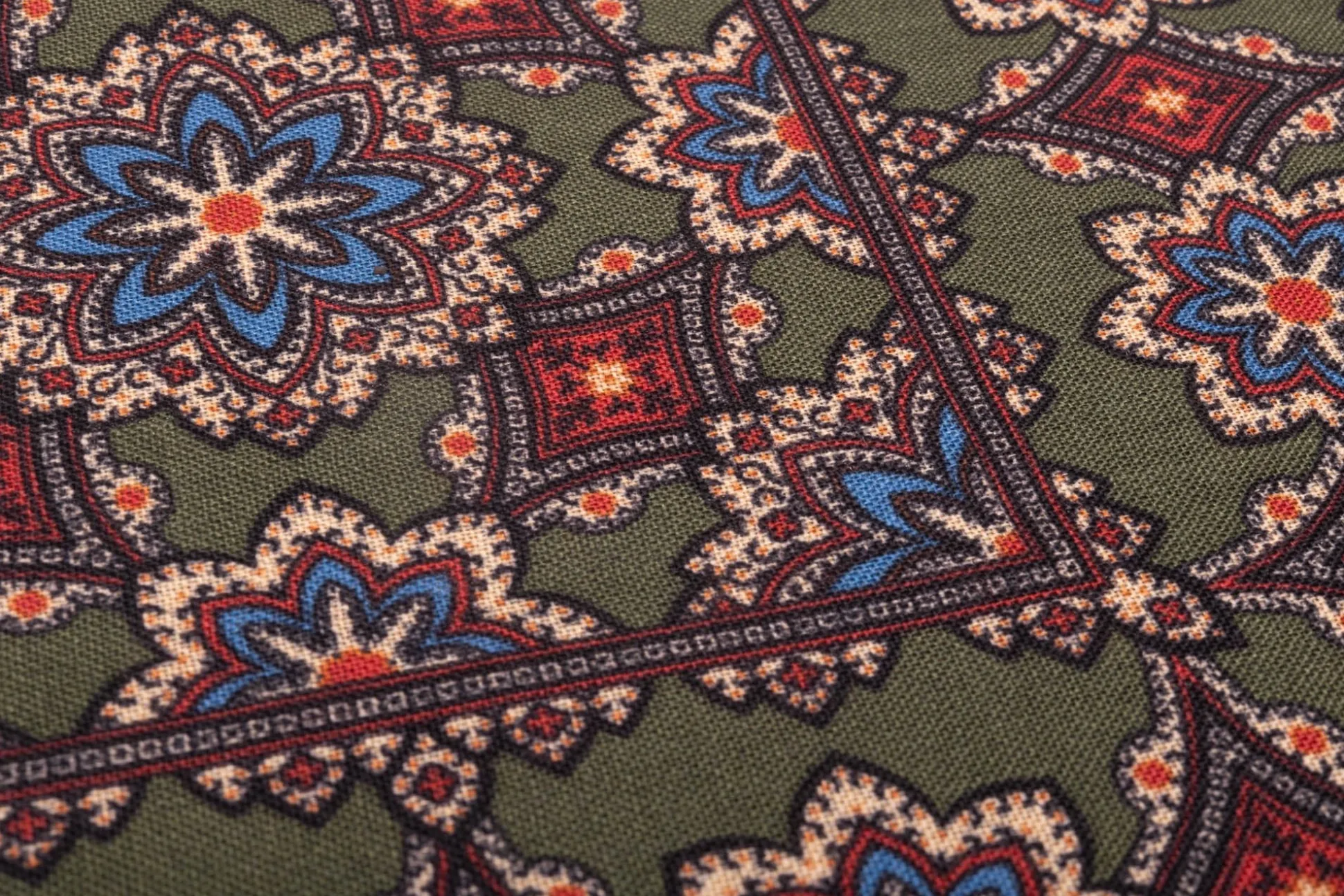 Moss Green Geometric Medallion Silk Wool Pocket Square
