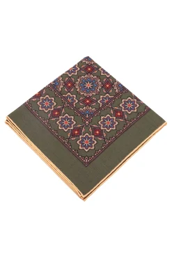 Moss Green Geometric Medallion Silk Wool Pocket Square
