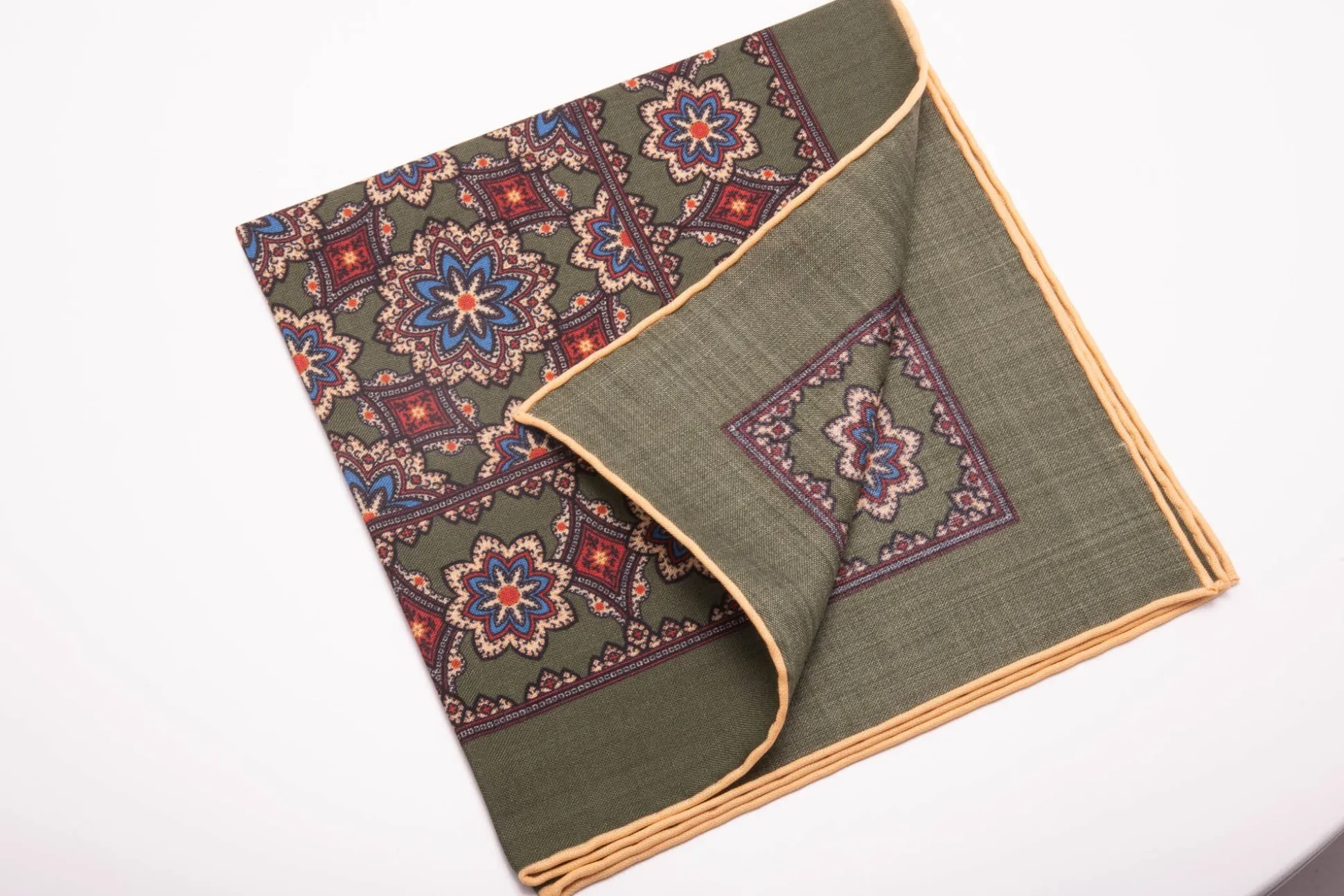 Moss Green Geometric Medallion Silk Wool Pocket Square