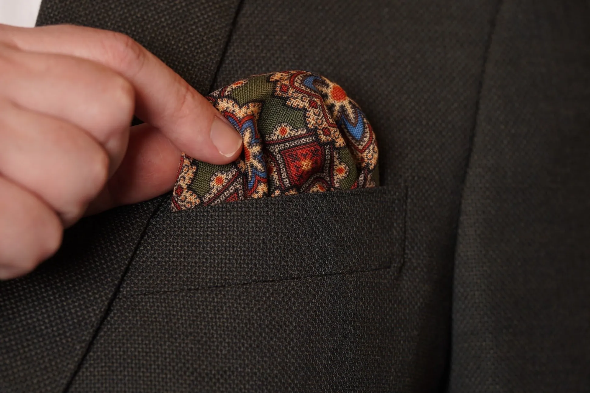 Moss Green Geometric Medallion Silk Wool Pocket Square