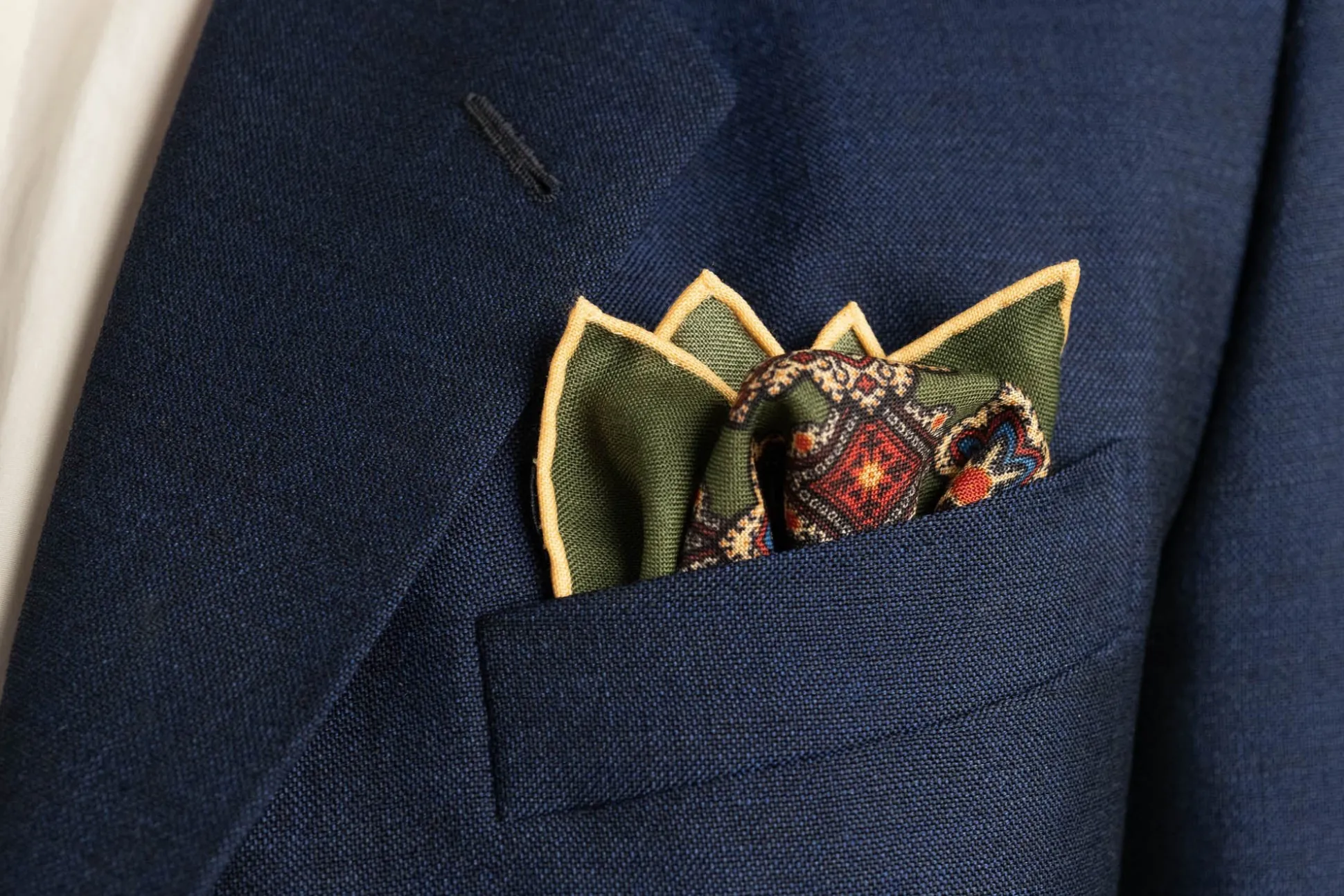 Moss Green Geometric Medallion Silk Wool Pocket Square