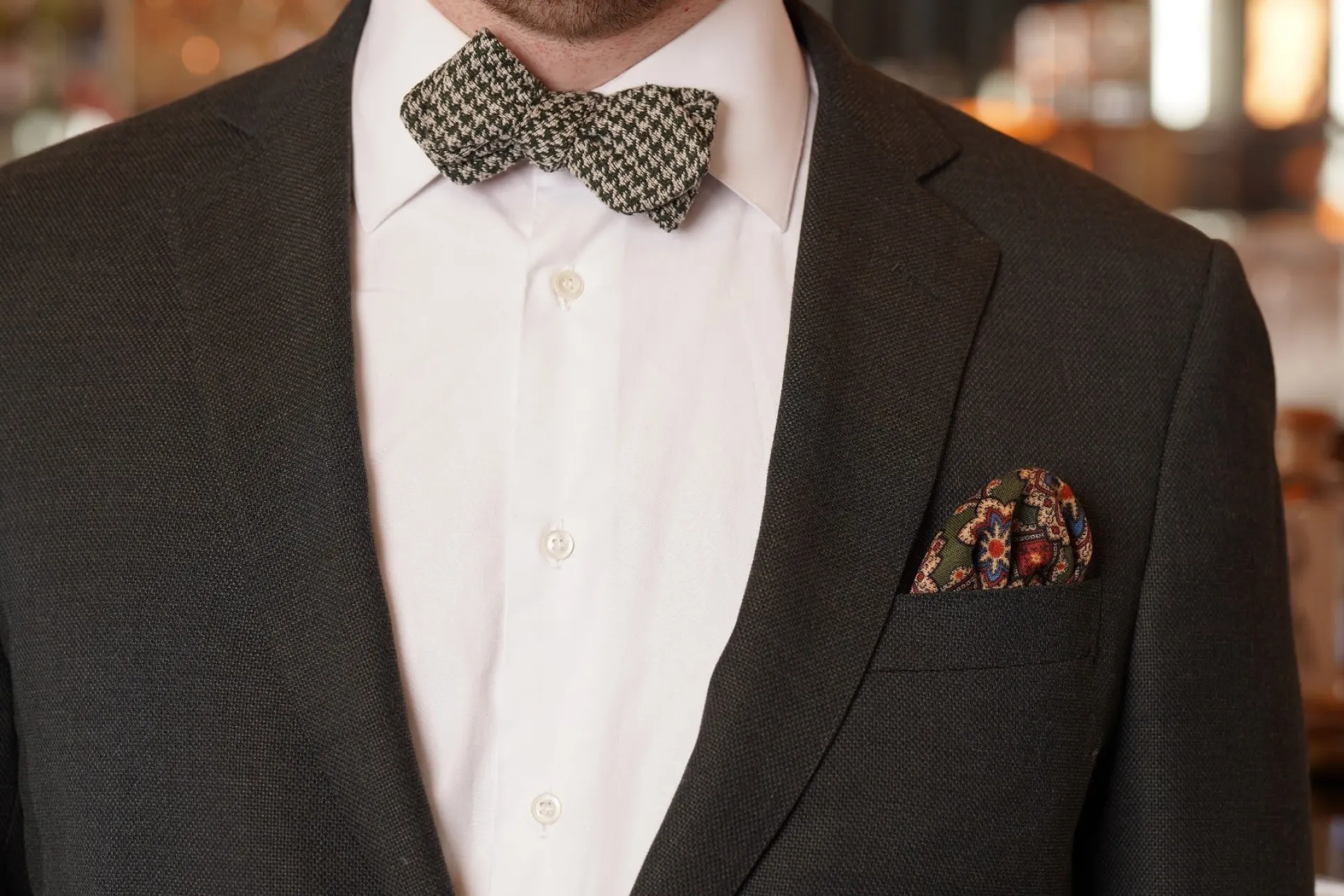 Moss Green Geometric Medallion Silk Wool Pocket Square