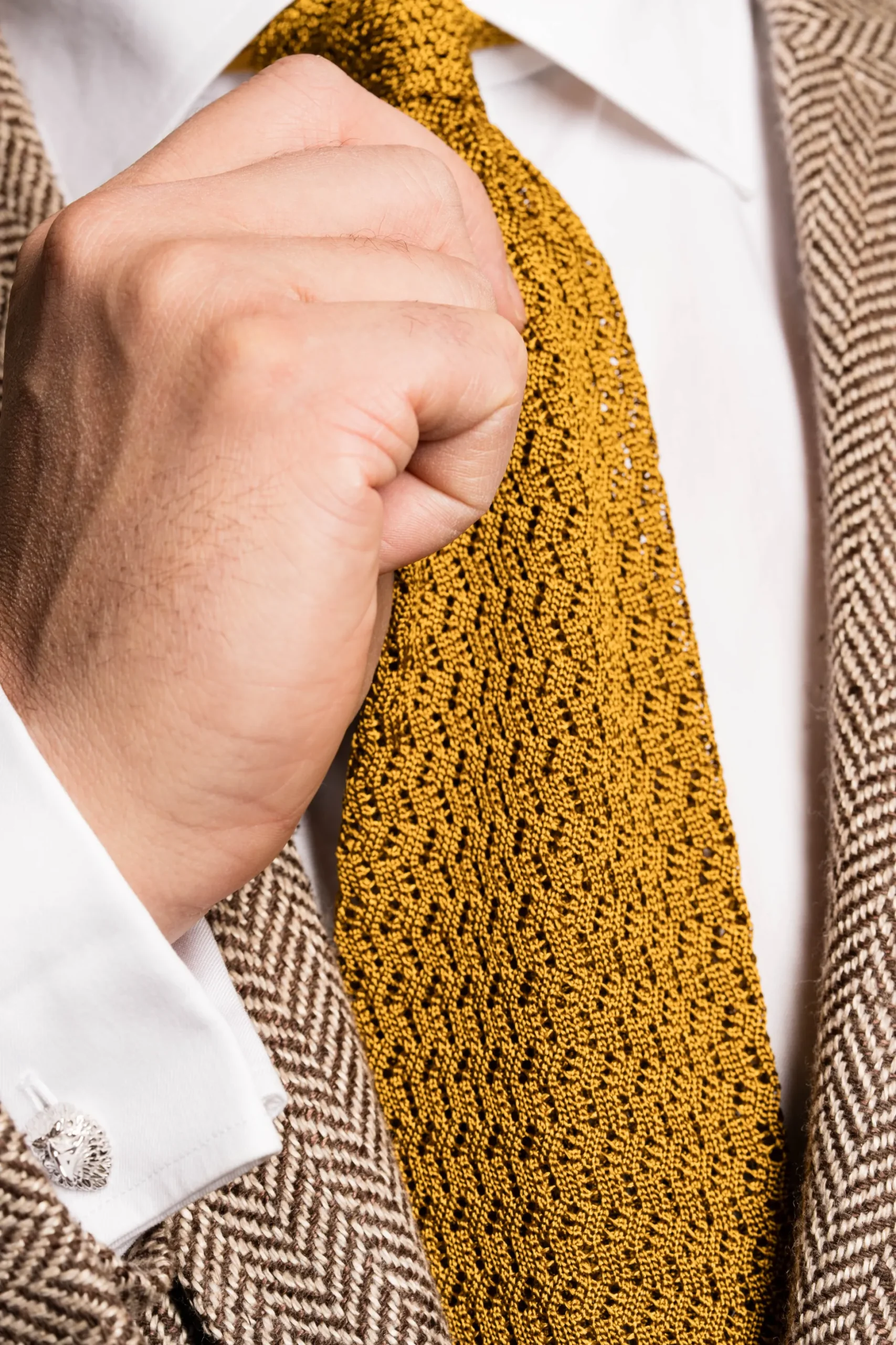 Mustard Brown Yellow Zigzag Silk Knit Tie