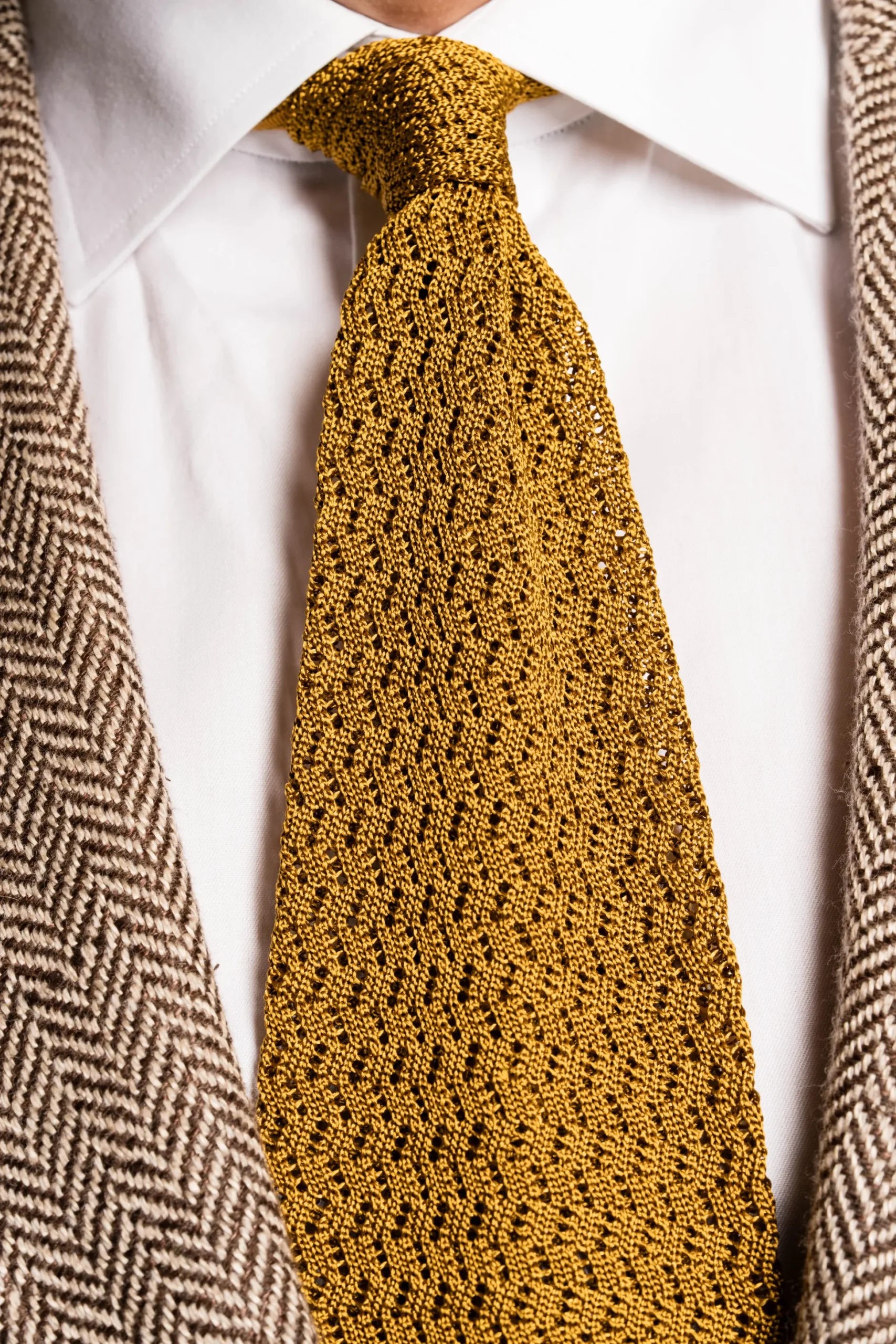Mustard Brown Yellow Zigzag Silk Knit Tie