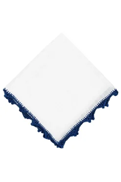 Navy Blue Crochet Edge White Linen Pocket Square