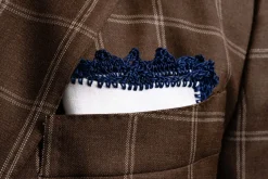Navy Blue Crochet Edge White Linen Pocket Square