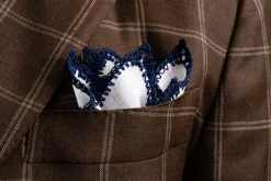 Navy Blue Crochet Edge White Linen Pocket Square