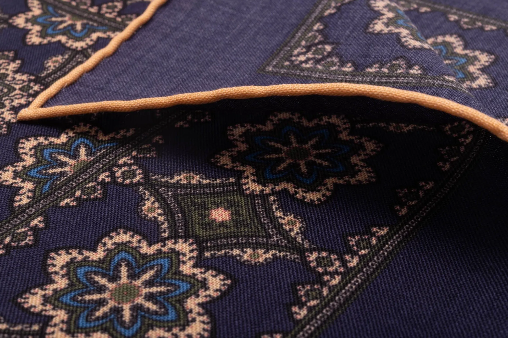 Navy Blue Geometric Medallion Silk Wool Pocket Square