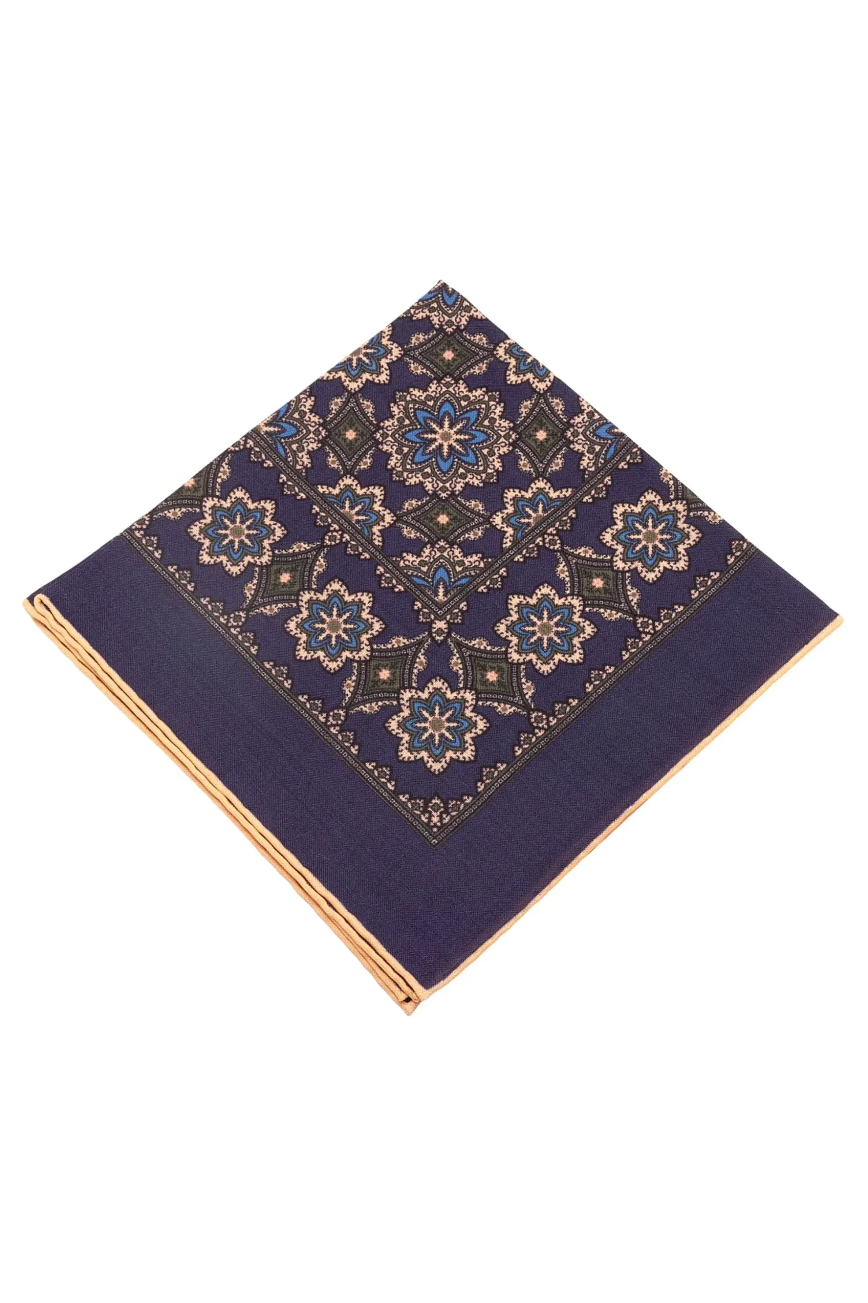 Navy Blue Geometric Medallion Silk Wool Pocket Square