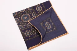 Navy Blue Geometric Medallion Silk Wool Pocket Square