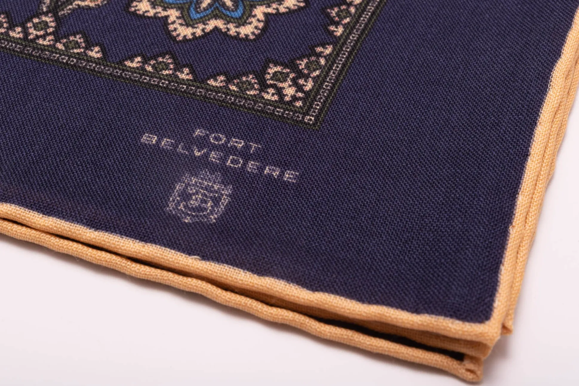 Navy Blue Geometric Medallion Silk Wool Pocket Square