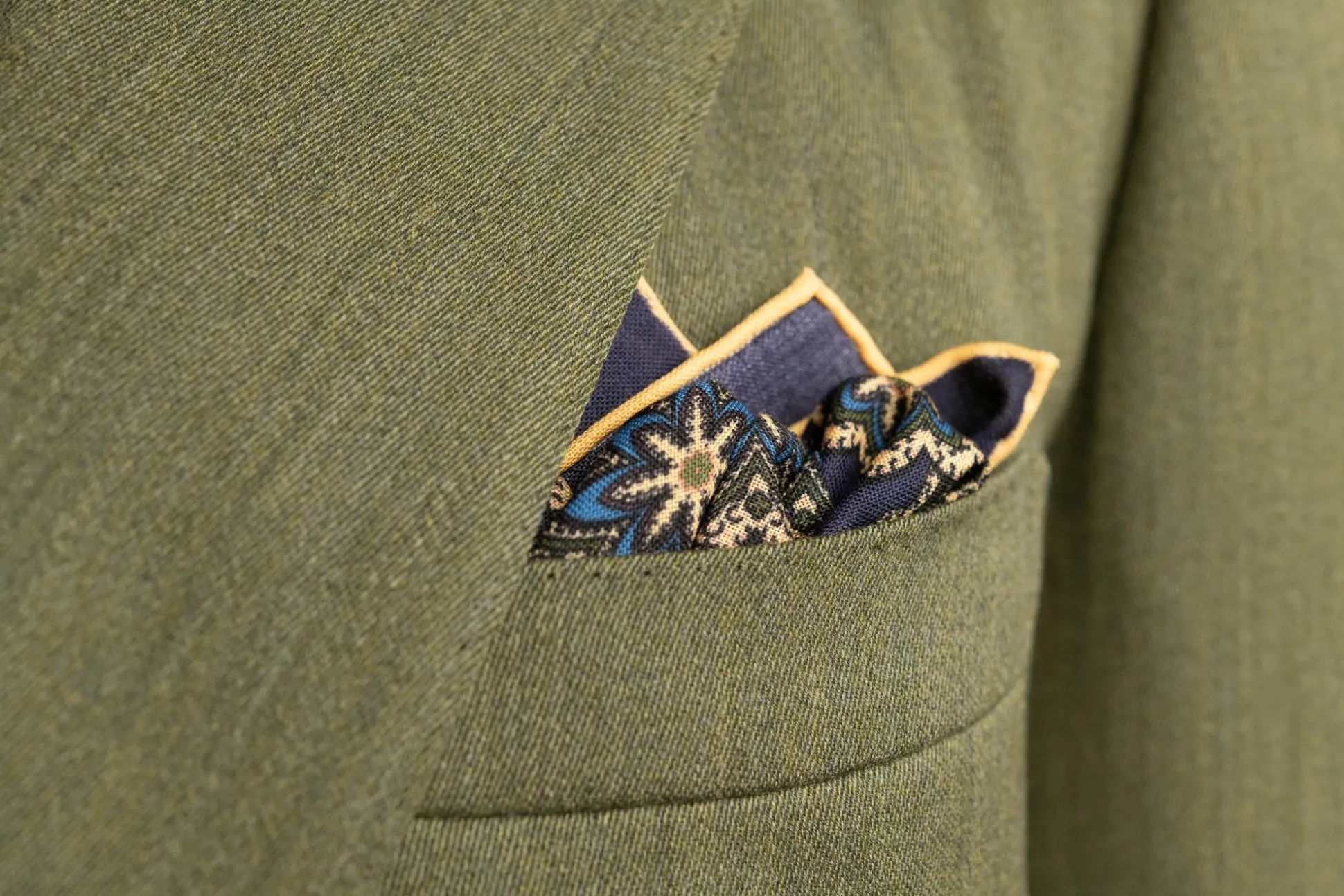 Navy Blue Geometric Medallion Silk Wool Pocket Square