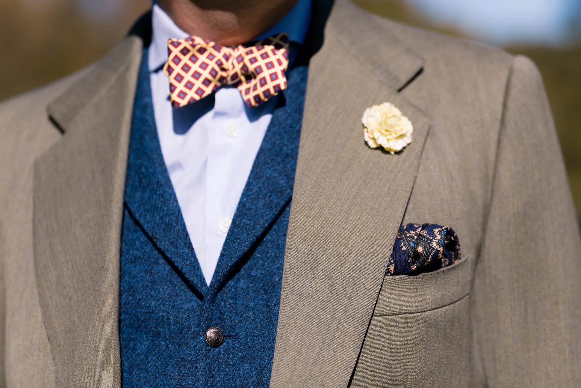 Navy Blue Geometric Medallion Silk Wool Pocket Square