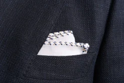Navy Blue & Khaki X-Stitch Edge White Linen Pocket Square