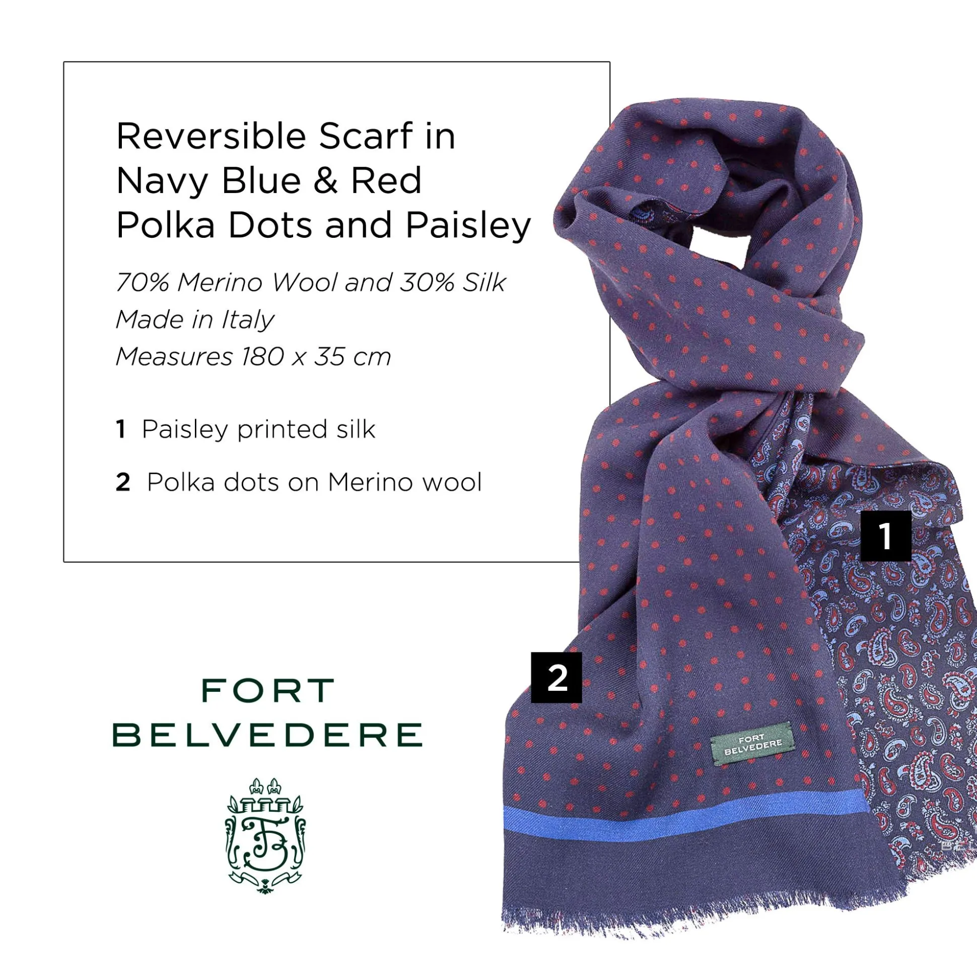 Navy Blue Polka Dots & Paisley Reversible Scarf