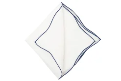 Navy Blue Wave Edge White Linen Pocket Square