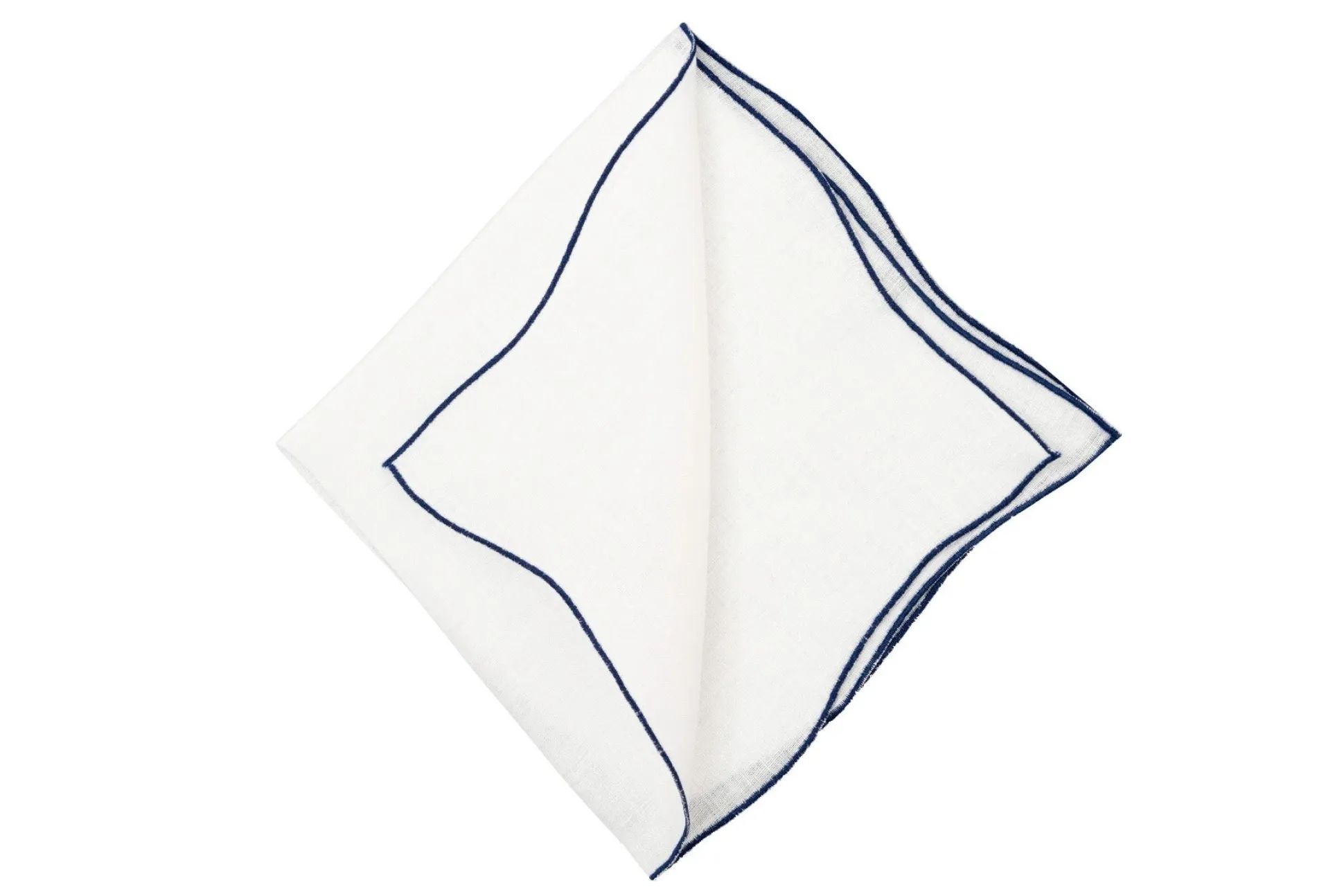 Navy Blue Wave Edge White Linen Pocket Square