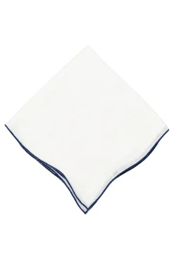 Navy Blue Wave Edge White Linen Pocket Square