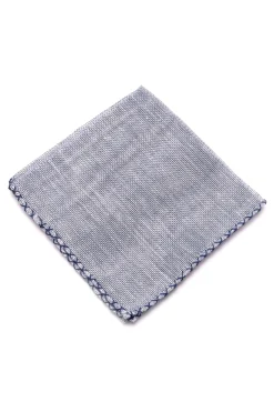 Navy Blue X-Stitch Edge Blue Linen Pocket Square