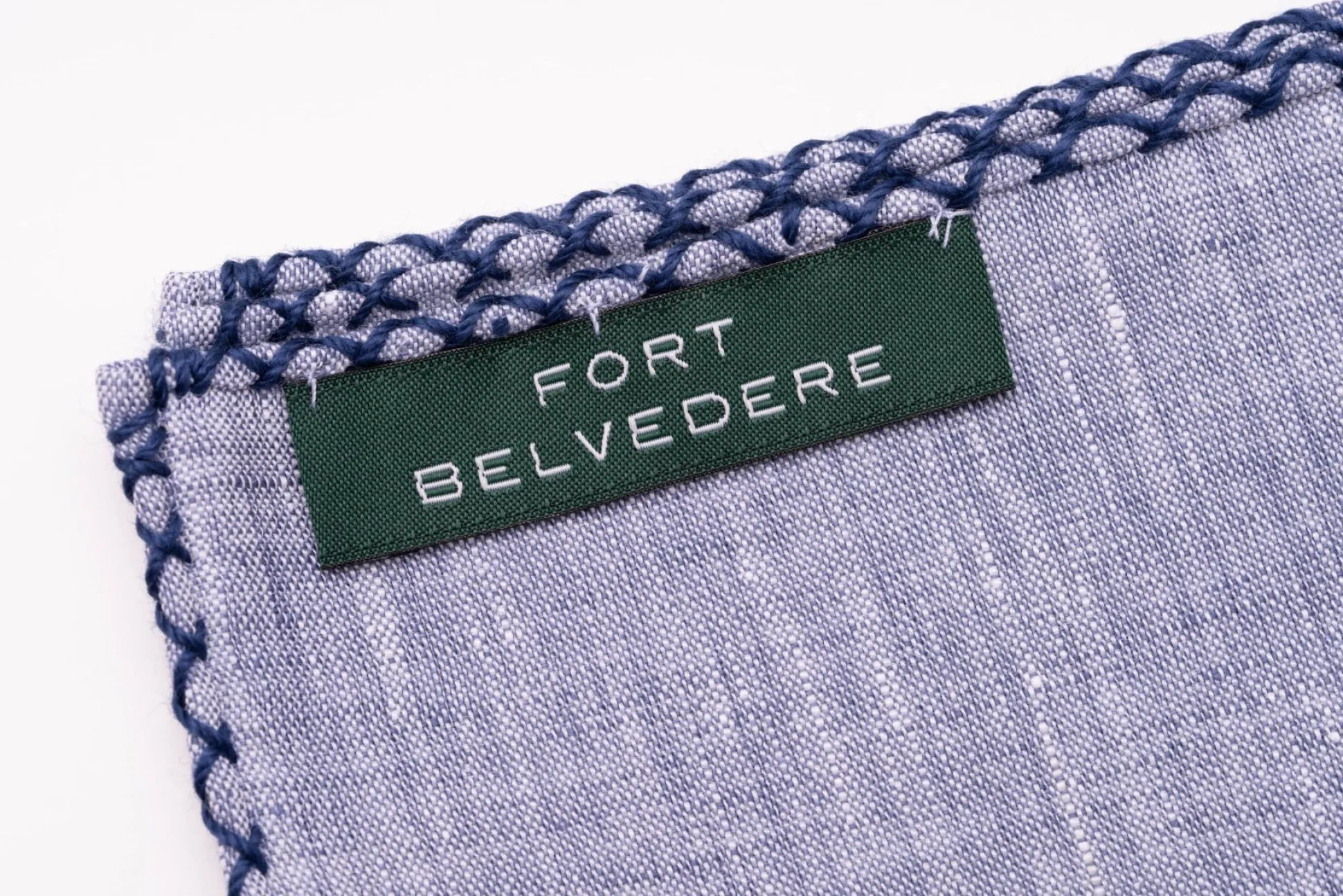 Navy Blue X-Stitch Edge Pale Blue Linen Pocket Square