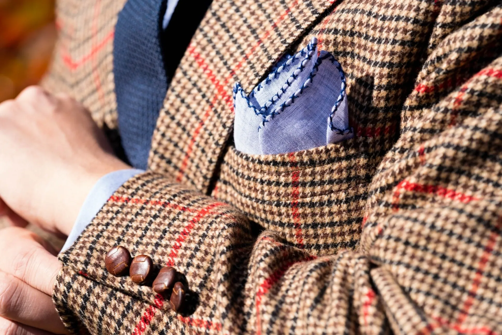 Navy Blue X-Stitch Edge Pale Blue Linen Pocket Square