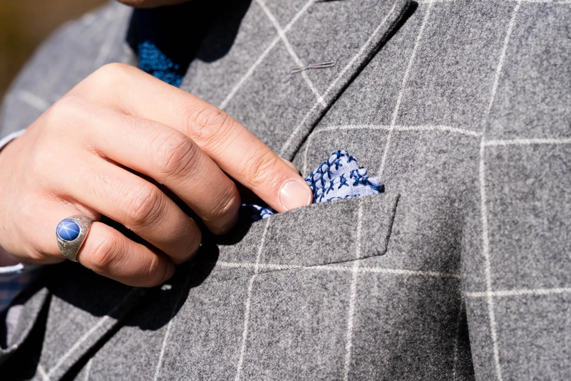 Navy Blue X-Stitch Edge Pale Blue Linen Pocket Square