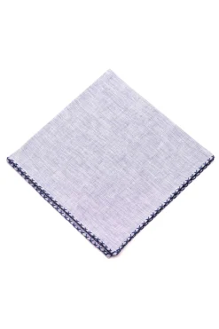 Navy Blue X-Stitch Edge Pale Blue Linen Pocket Square