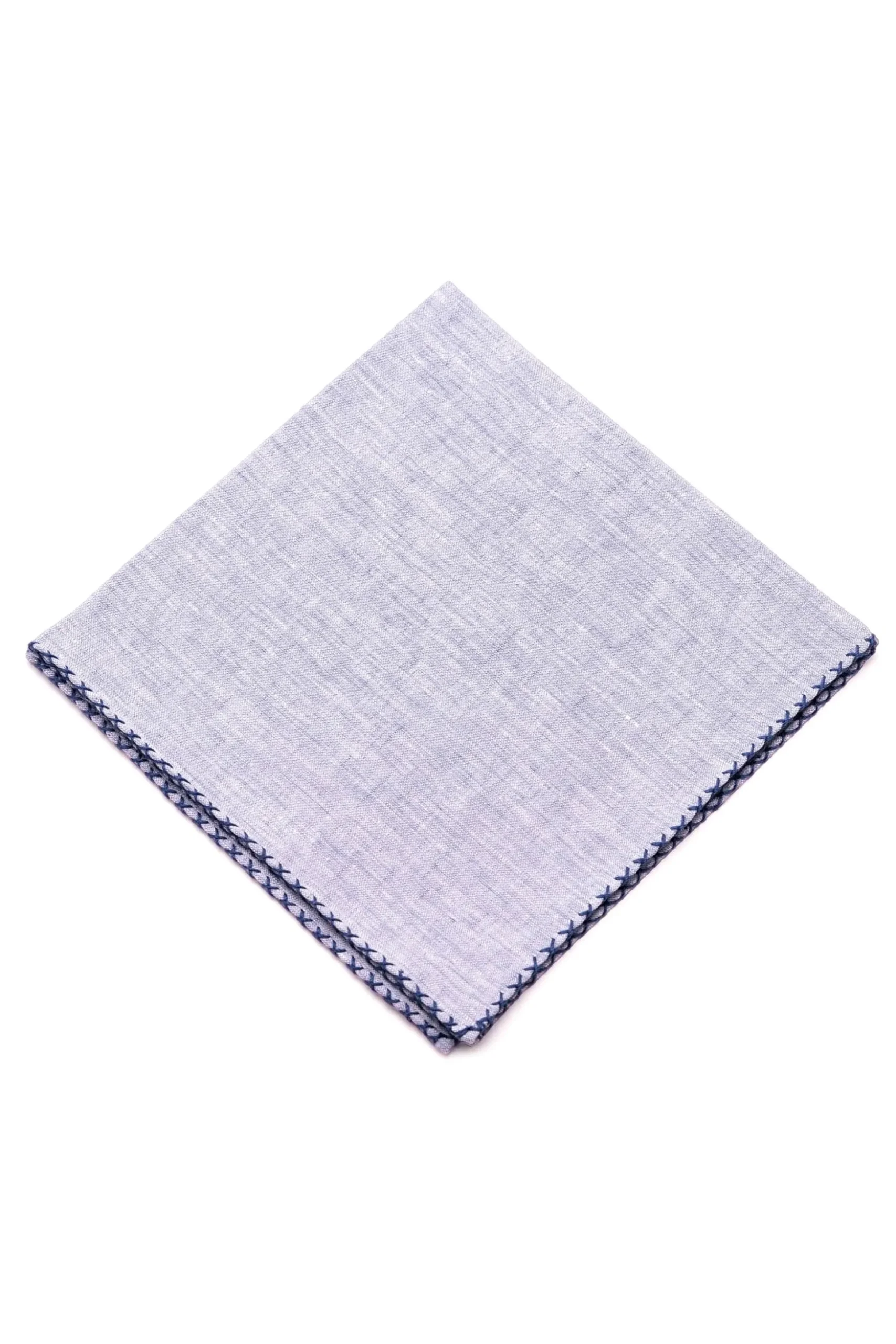 Navy Blue X-Stitch Edge Pale Blue Linen Pocket Square