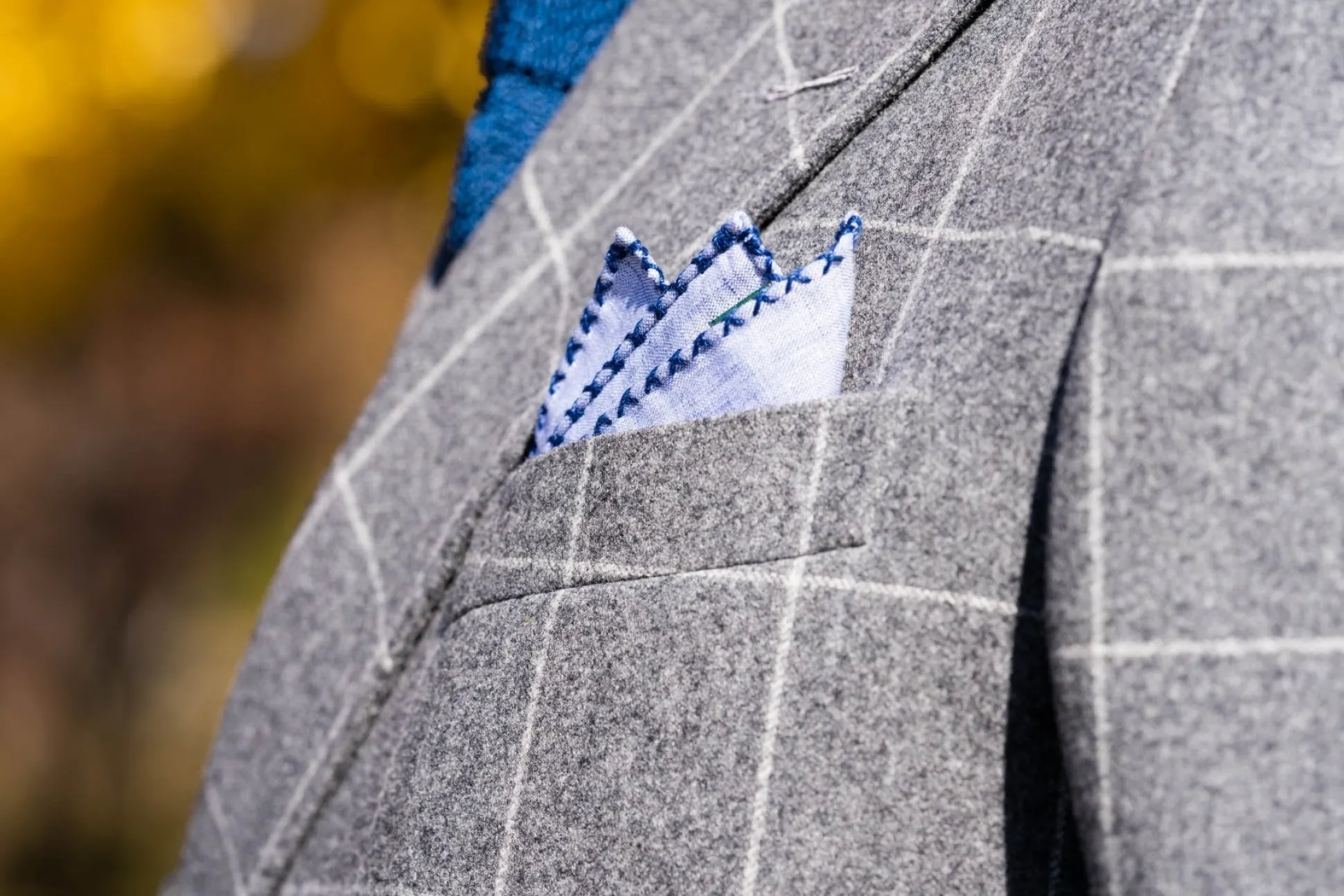 Navy Blue X-Stitch Edge Pale Blue Linen Pocket Square