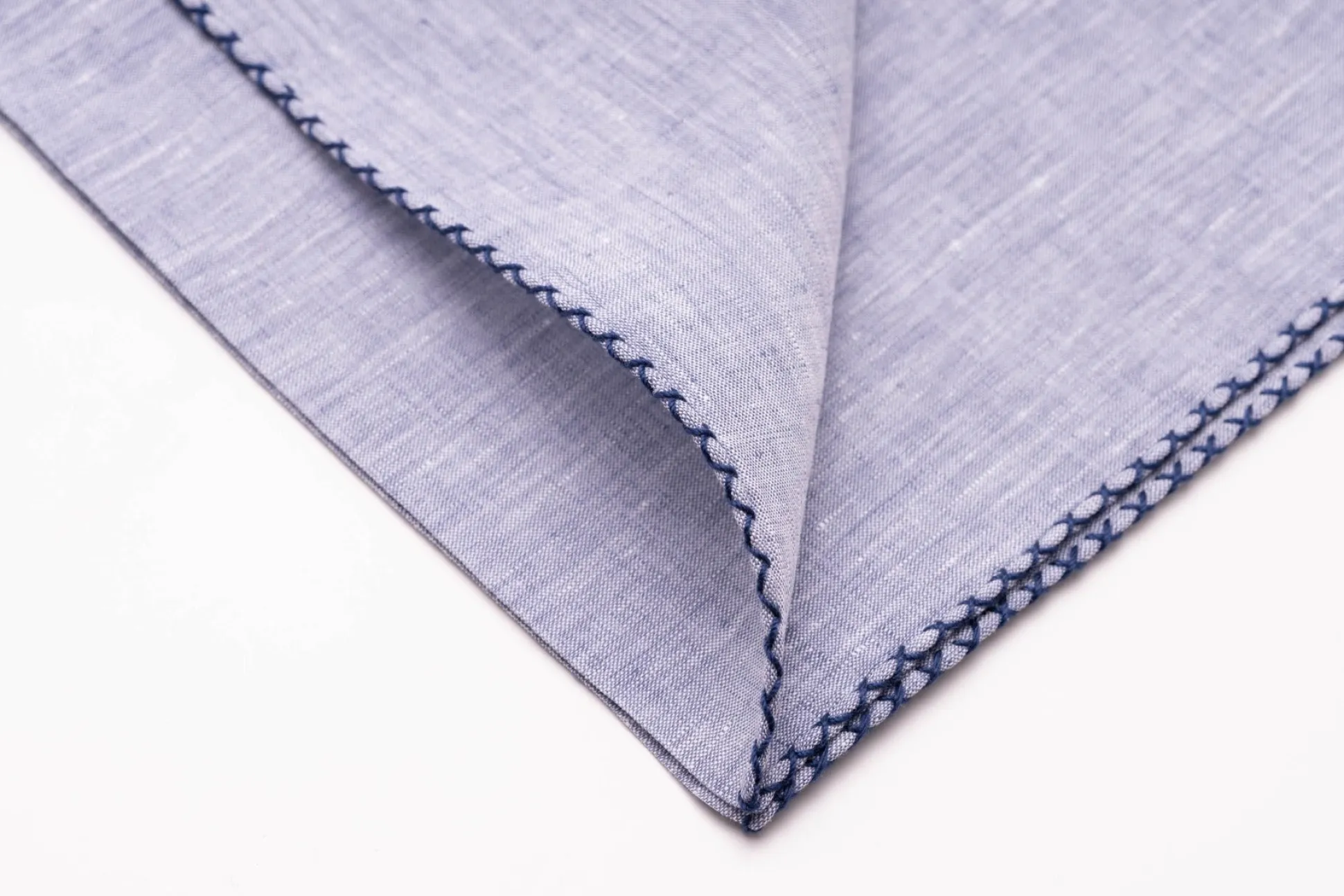 Navy Blue X-Stitch Edge Pale Blue Linen Pocket Square