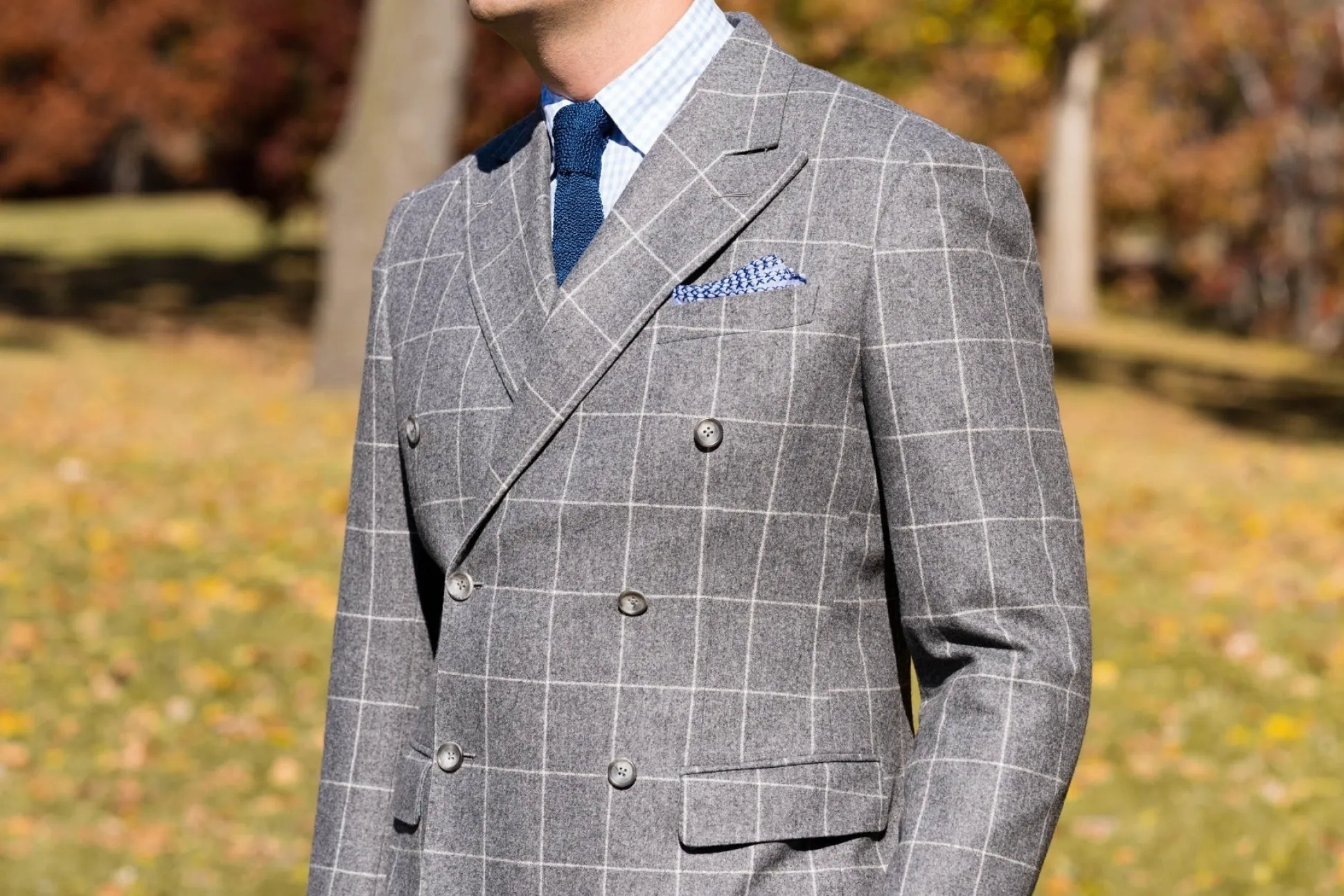 Navy Blue X-Stitch Edge Pale Blue Linen Pocket Square