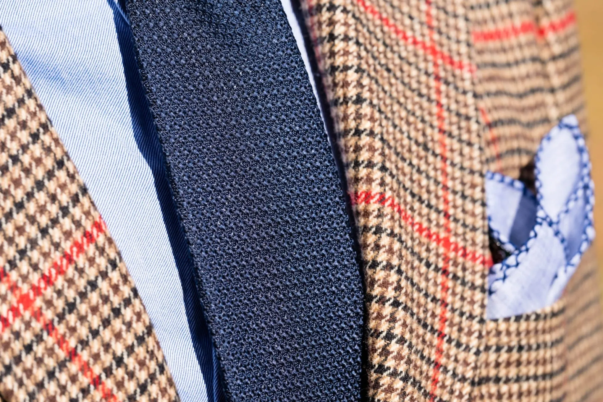 Navy Blue X-Stitch Edge Pale Blue Linen Pocket Square